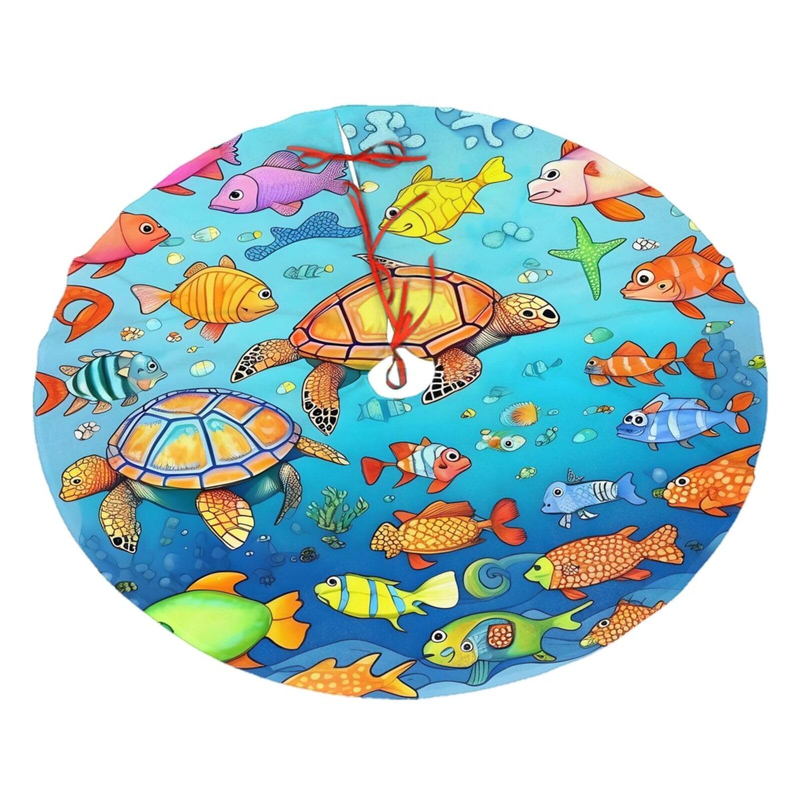 Turtle and Fish Printed Christmas Tree Skirt Christmas Plush Tree Skirt 36 inches (about91 cm) ChristmasIndoor and Outdoor