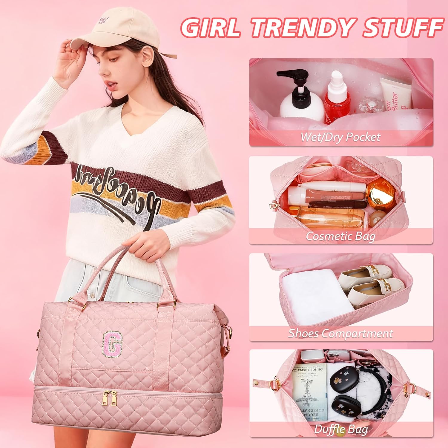 Gifts for Women Gifts Initial Travel Duffle Bag Quilted Weekender Bags Carry-On Overnight with Cosmetic Bag, Gym Bag with Shoe Compartment, Pink-G - Image 5