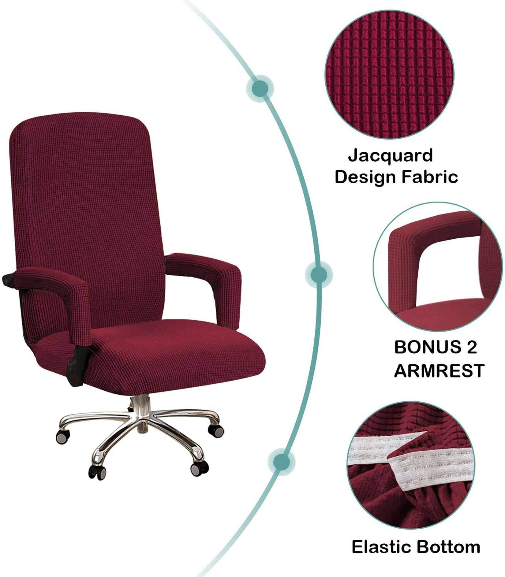 Stretch Office Chair Covers with Armrest Covers, Removable Computer Chair Slipcovers Spandex Jacquard Fabric for Swivel Armchair Covers-Wine red-Large