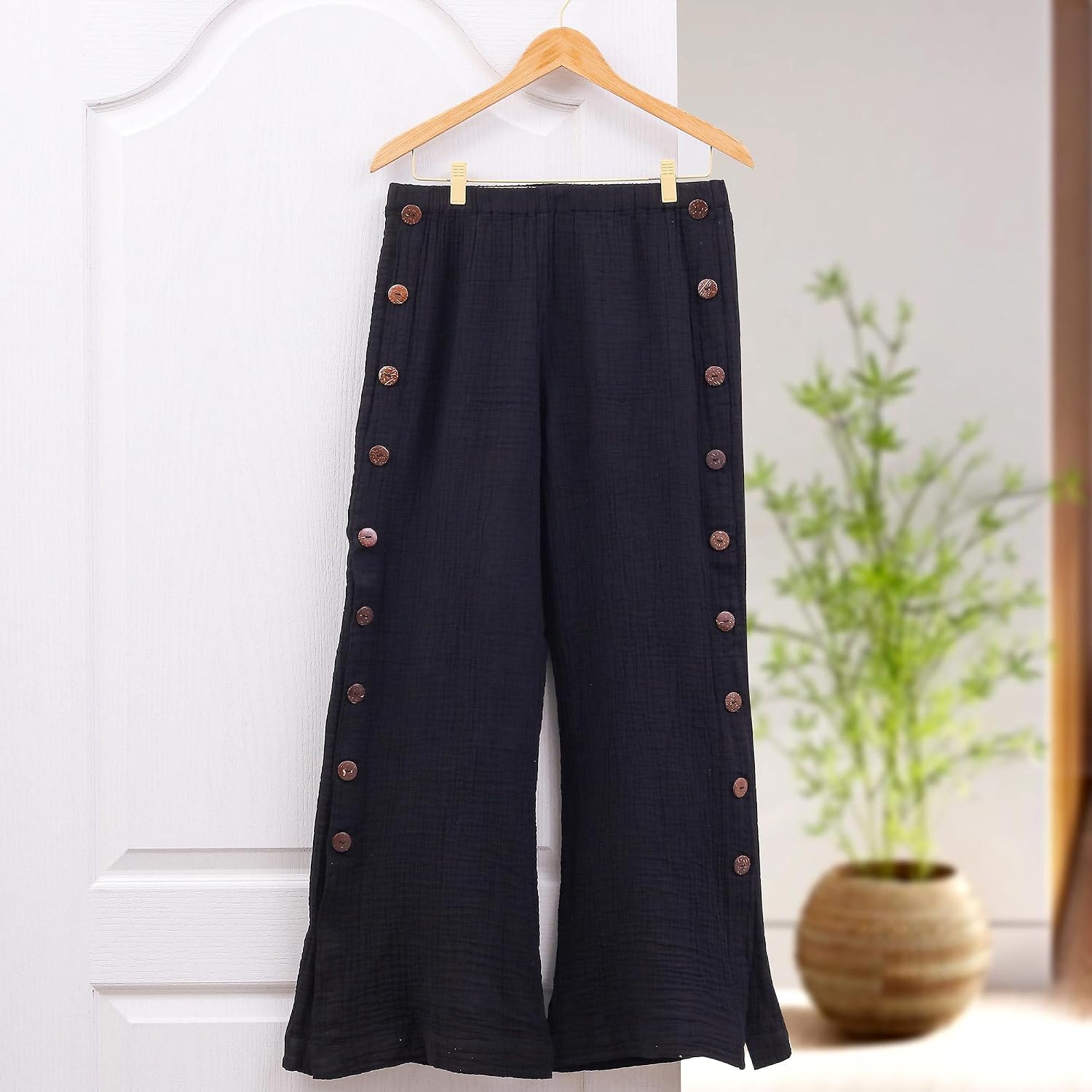 NOVICA Artisan Handcrafted Cotton Pants Double Gauze Clothing Black Solid Thailand Travel Friendly 'Out of Office in Black'