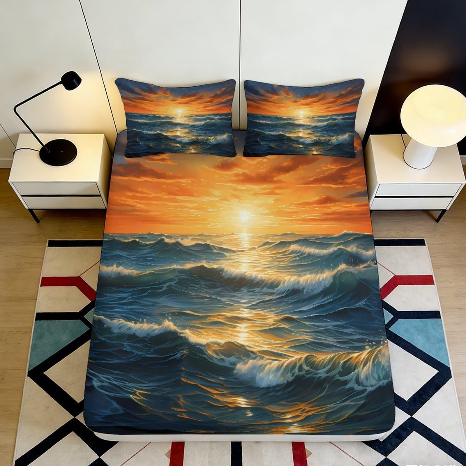 Pnayamiorkfel Style-4 3D Printed Sunset Ocean Fitted Sheet Microfiber Soft Anti-Slip Mattress Cover For Bedroom Dorm Decor Easy Care 90X200x25cm