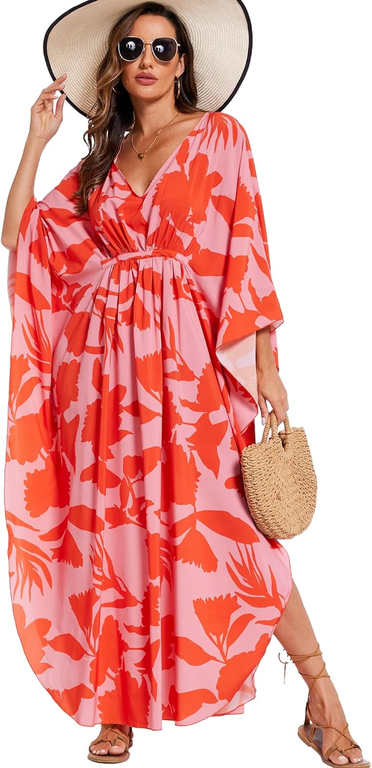 Moss Rose Kaftan Dresses for Women V Neck Summer Swimsuit Cover up Caftan Maxi Beach Dresses