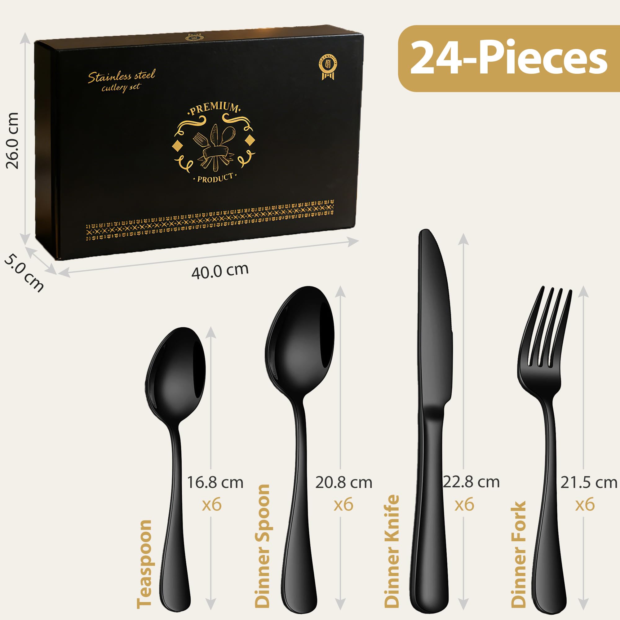 Juego de cubiertos negros, 24 piezas de acero inoxidable pulido espejo, juego de utensilios de cocina para 6 personas, vajilla para el hogar y el restaurante con caja de regalo
