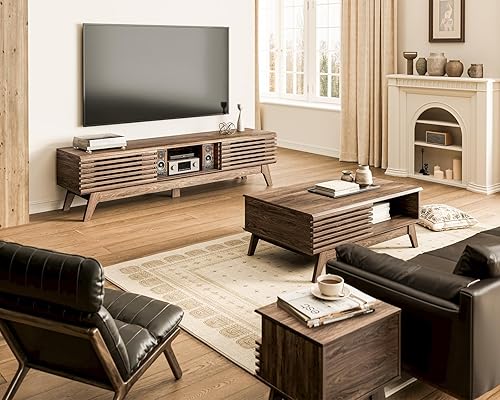 Miniatura 2 de AODK Soporte de TV de 59 pulgadas para televisores de 55/60/65 pulgadas, centro de entretenimiento moderno de mediados de siglo con puertas