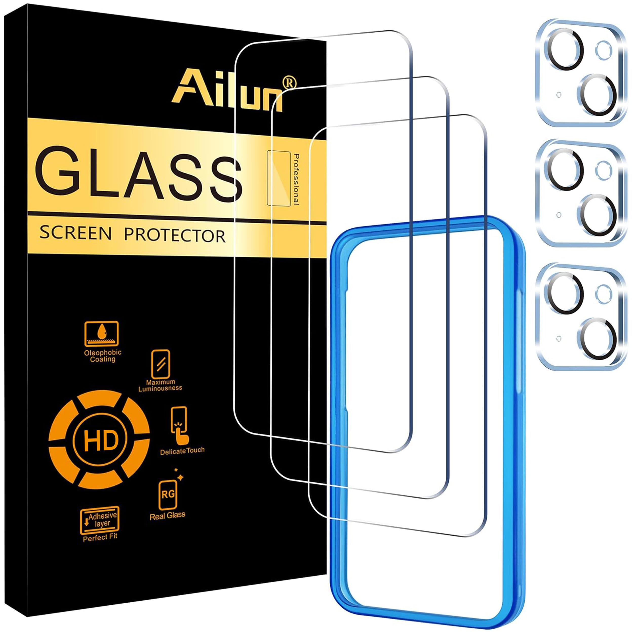Ailun Screen Protector + Camera Lens Protector for iPhone 15 Plus, 3+3 Pack | 6.7 Inch, Installation Frame, Tempered Glass Film, Case Friendly