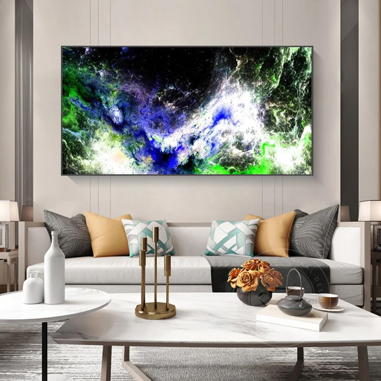 Art mural nordique abstrait de prestige, grande peinture sur toile de salon