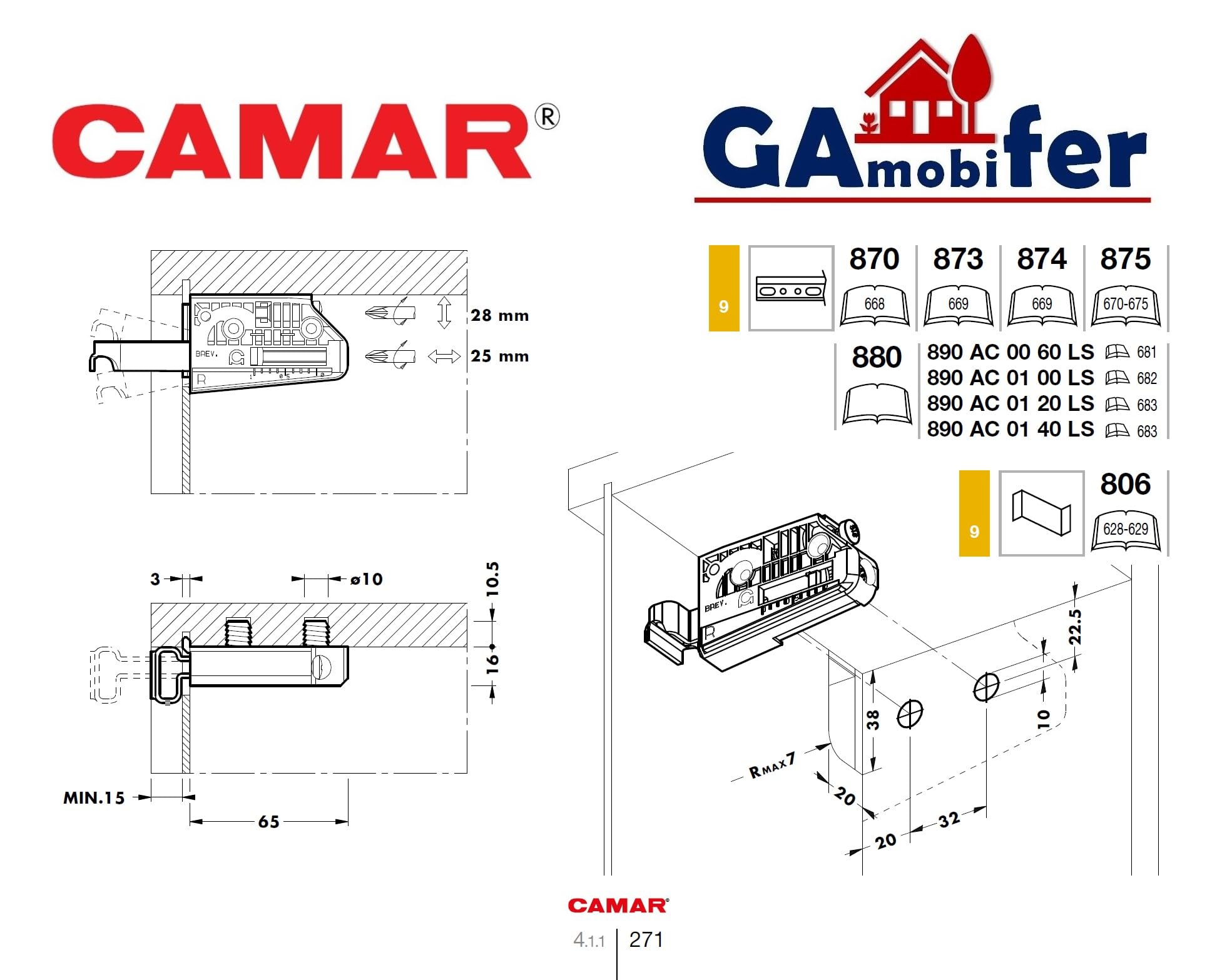 GAMOBIFER. Reggipensile CAMAR per Pensili Cucina. Ganci Mobili Sospesi (coppia DX e SX). (Bianco, Gancio 15 con Tenone)