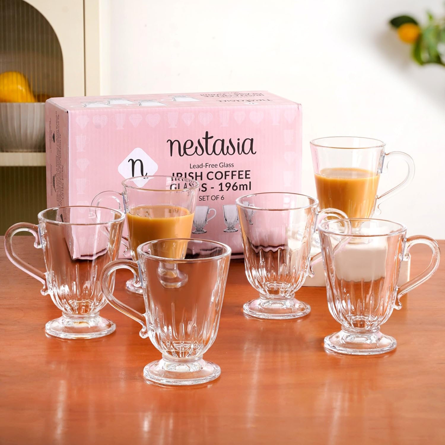 Nestasia Set of 6 Transparent Glass Tea Cups (196ml Each) - Ribbed 100% Food Safe & Chip-Resistant Glass Set | Perfect for Irish Coffee, Tea, Hot & Cold Beverages