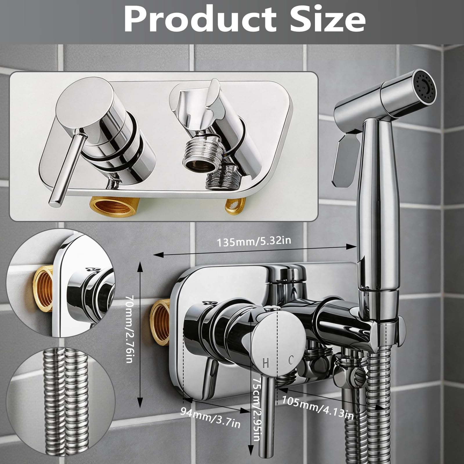Kit Bidet de Mano Agua Caliente y Fría, 2 Modos de Chorro con Suave y Fuerte, Grifo de Bidet Empotrado Cromado, Ducha de Higiene Íntima de Latón con Mezclador Manguera 1,5m para WC y Mascotas