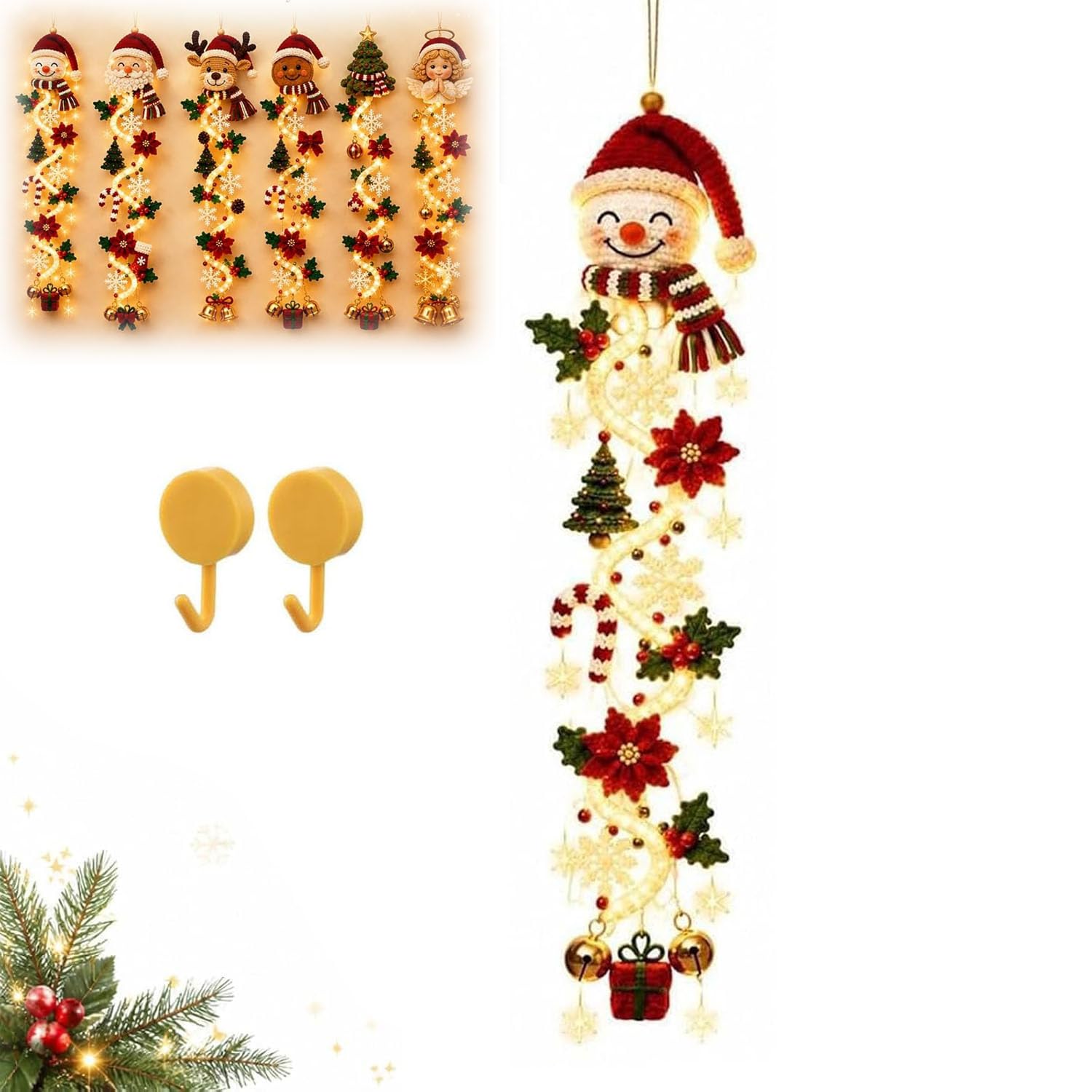 Glowing Christmas Door Hanger, Merry Cascade Glowing Christmas Door Hanger, Lighted Christma𝐬 Door Hange𝐫, Rustic Quilted Fabric Wreath, 6 Festive Light Designs, Vertical Display (Snowman)