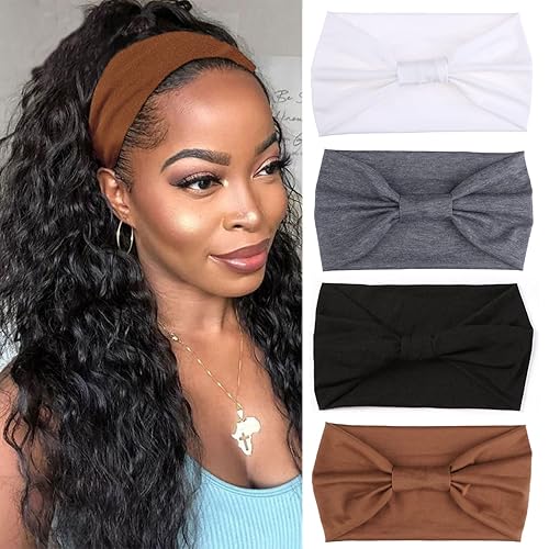 Miniatura 1 de Xtrend Paquete de 4 bandas anchas para el cabello para mujer, bandanas negras de moda, estilo bohemio, bandas gruesas para el cabello, grandes