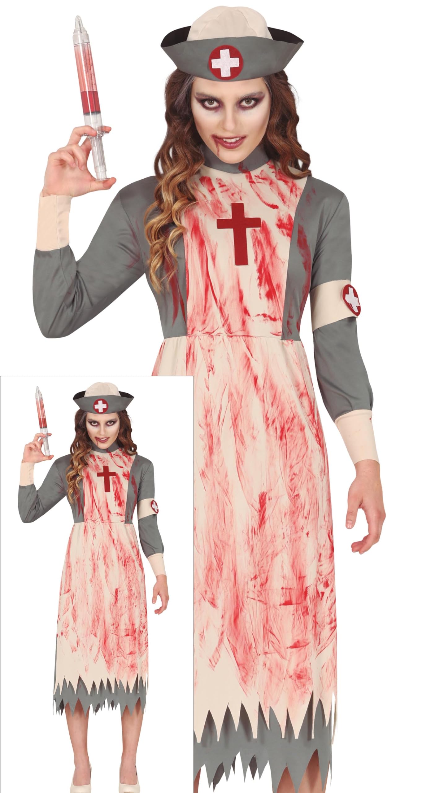 FIESTAS GUIRCA | Dead Nurse Fancy Dress Costume (44-46/XL) - Dress and Headpiece for Adults - Doctor and Nurse Costumes for Halloween, Carnival and Horror Parties - Grey and Beige