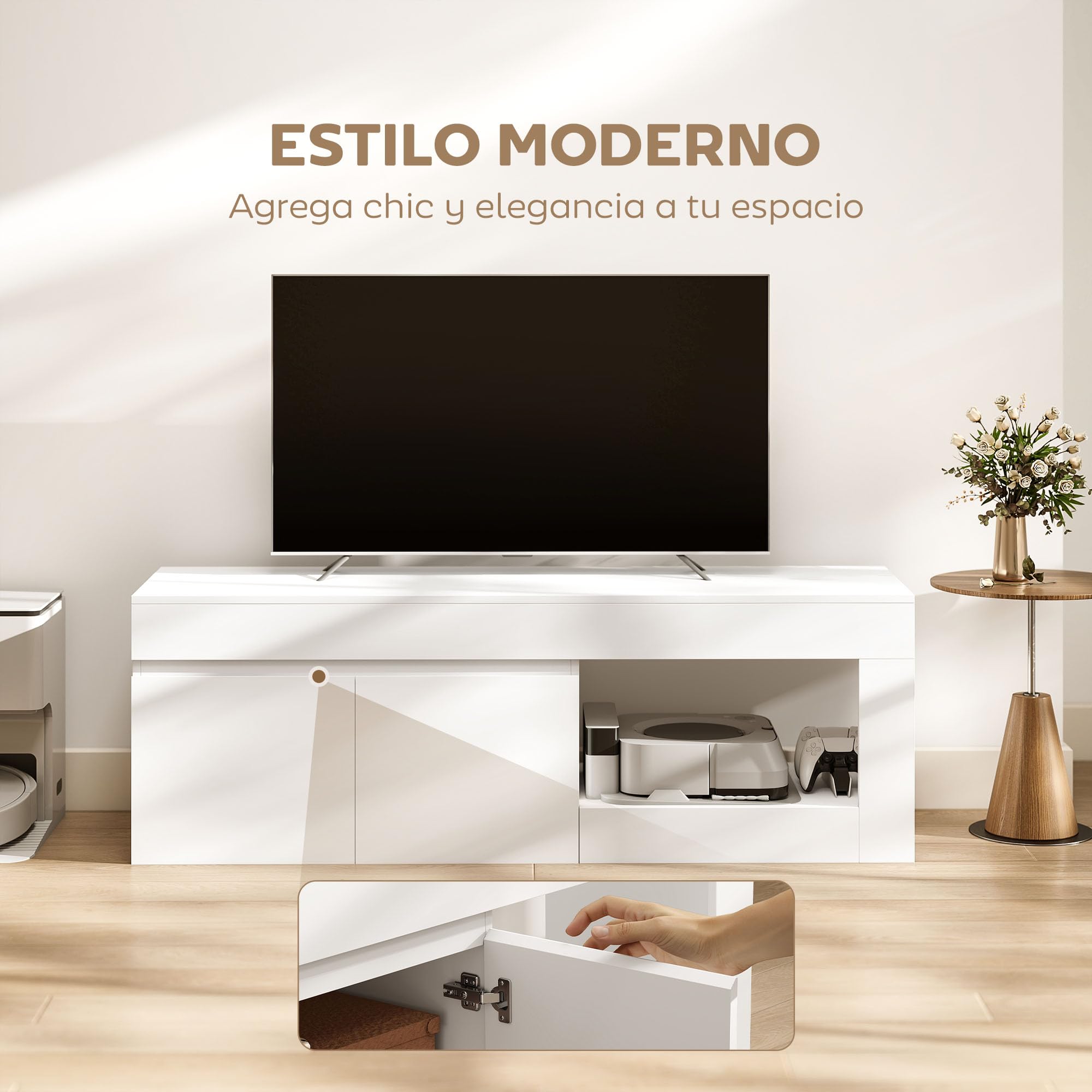 HOMCOM Mueble de TV Moderno con 2 Puertas 140x40x48 cm Blanco | Mesa de TV para Salón, Estante Abierto, para Televisión 60 Pulgadas