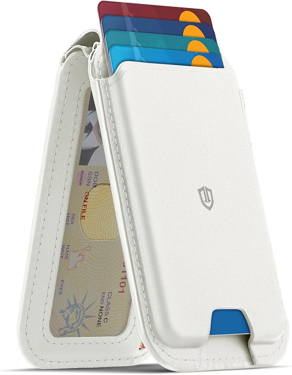 SHIELDON Soporte magnético para billetera de cuero genuino para MagSafe, blanco | Magnético fuerte, tarjetero, soporte, ajuste de ángulo, bloqueo Rfid, para iPhone serie 17/16/15/14/13/12 y funda magnética