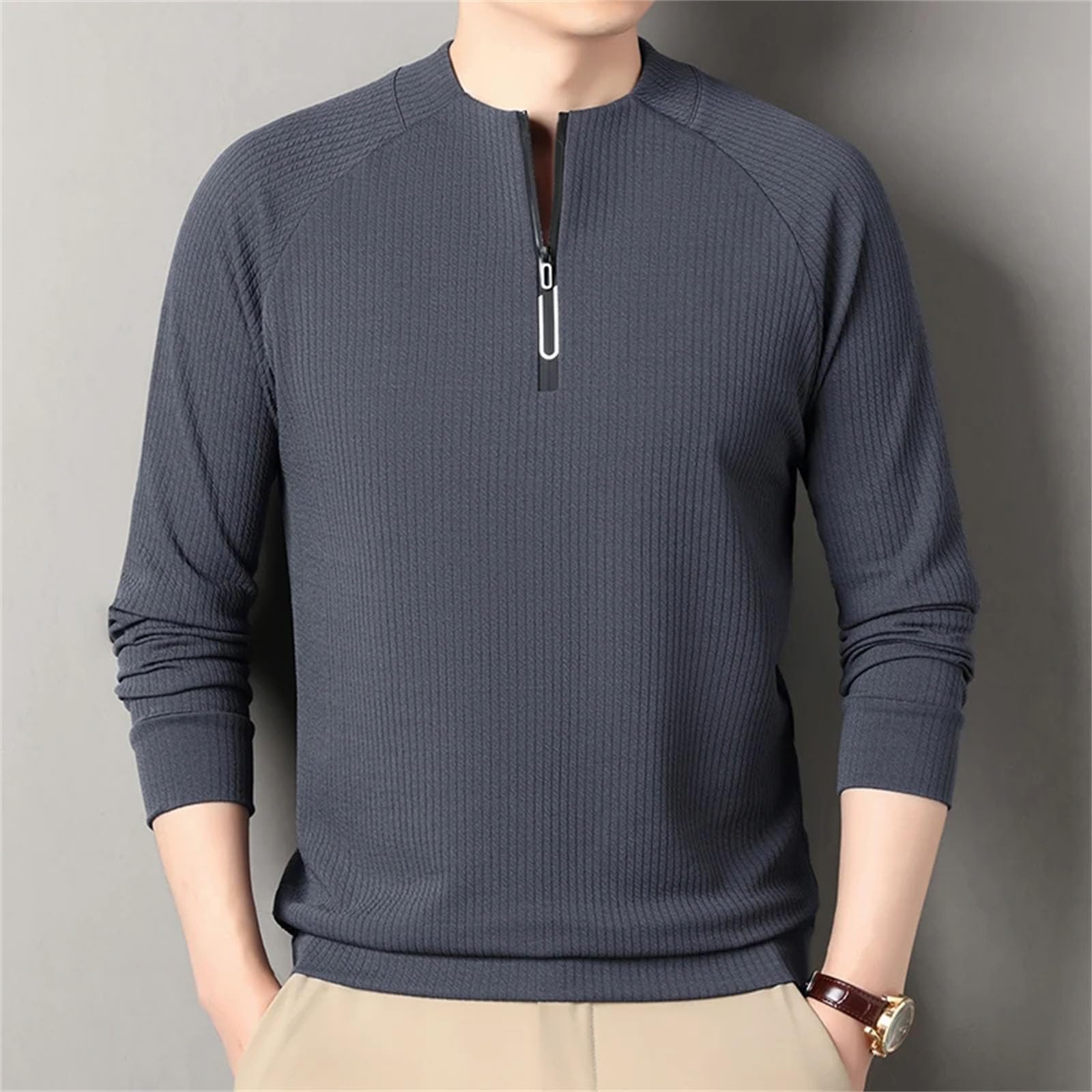 T-shirt da uomo con colletto rialzato, mezza zip, leggera, traspirante, a maniche lunghe, casual, alla moda, vestibilità larga