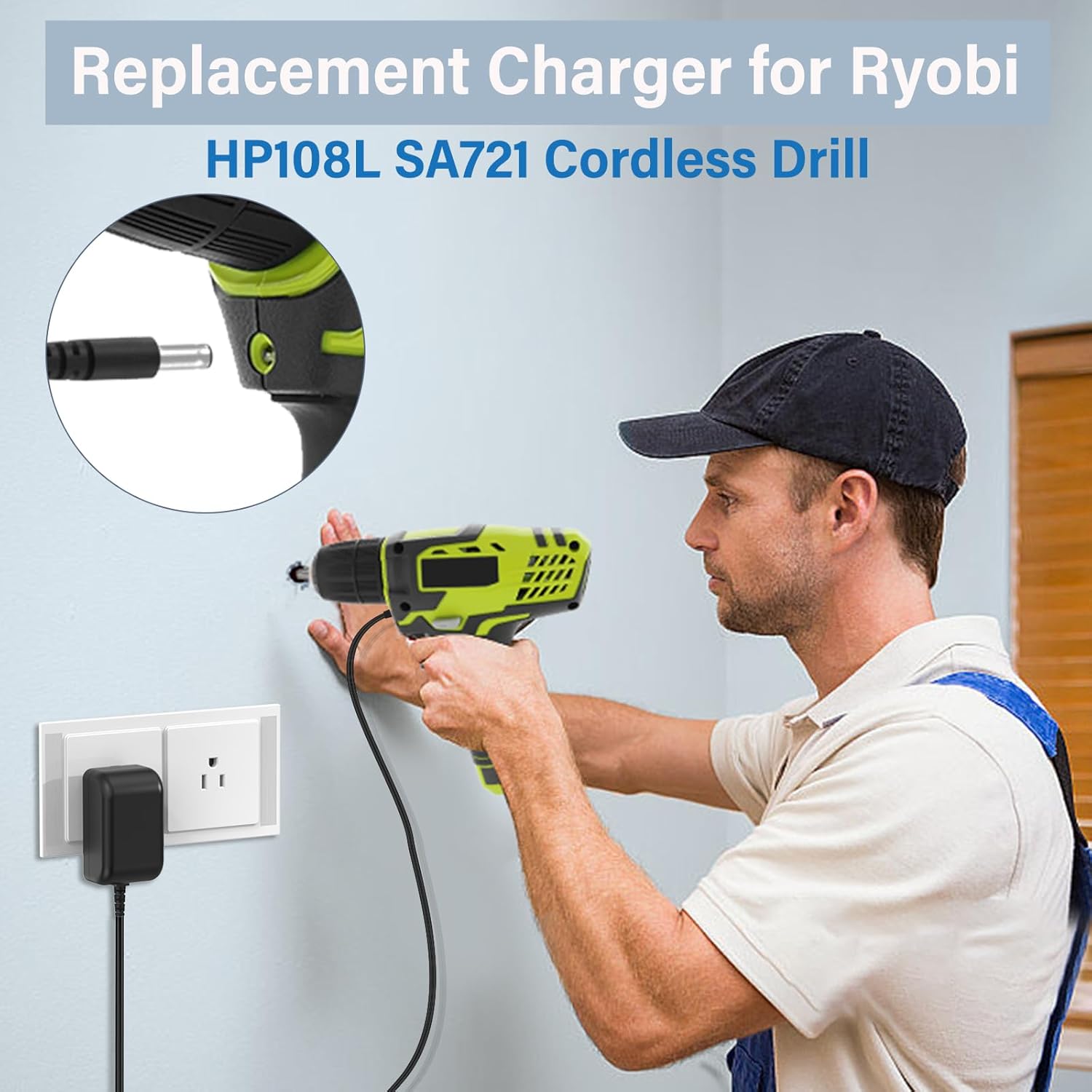 8V Drill Driver Charger Replacement Fit for Ryobi HP108L Power Cord AC Adapter for Ryobi Lithium Cordless Drill HP 108L SA721 ZRHP108L, Power Supply Charging Cord Plug Cable for Ryobi 8 Volt Drill