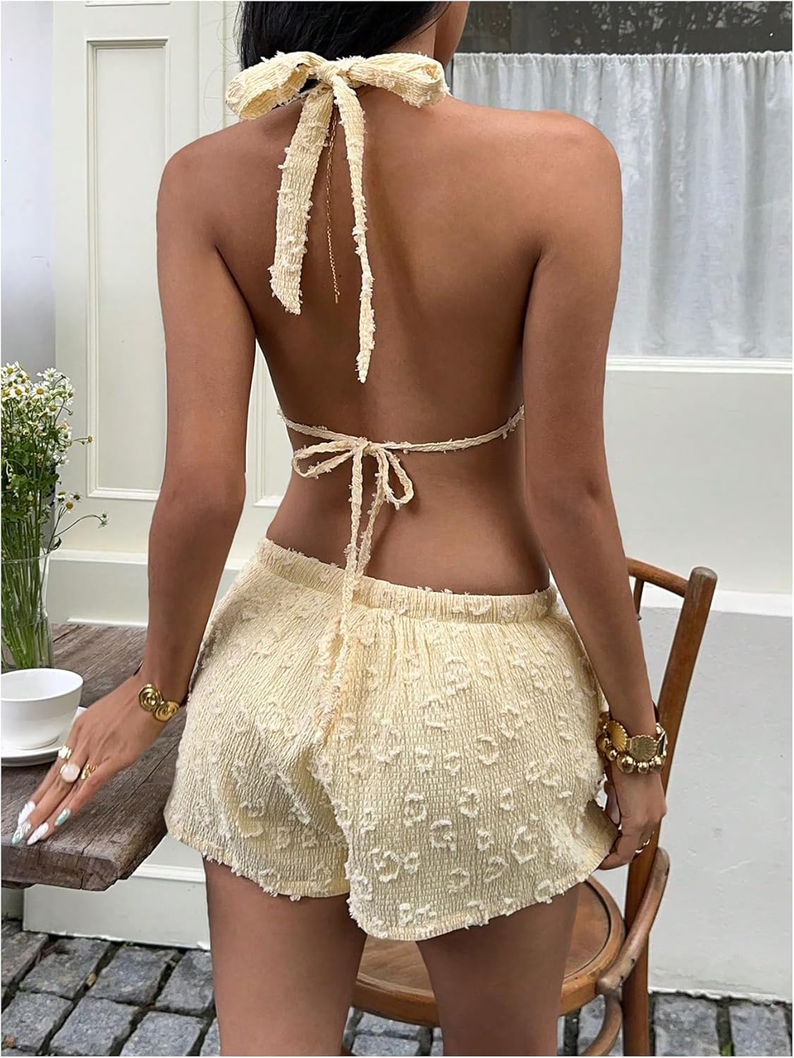 MakeMeChic Women's Summer 2 Piece Sets Striped Open Back Halter Tank Top Boxer Shorts Set - Image 2