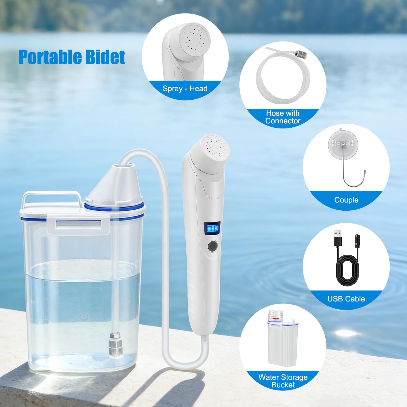 Bidet Portable 3L, Bidet Électrique de Voyage Rechargeable USB avec Batterie 2200mAh, IPX6 Étanche, Douchette à Main pour Toilettes Camping Randonnée, Hygiène Personnelle pour Femmes Hommes Seniors