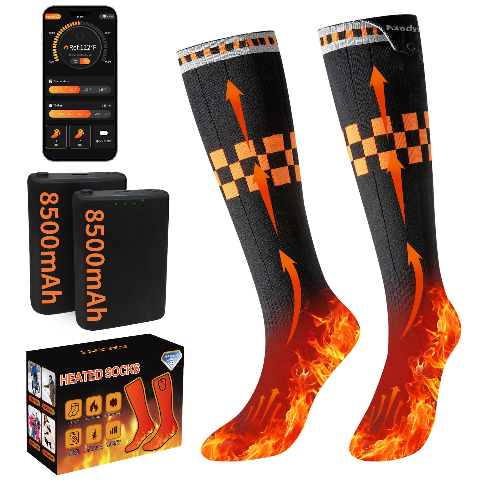 Calcetines con calefacción, funciona con pilas, 2 baterías recargables, control de aplicación, negro, talla única