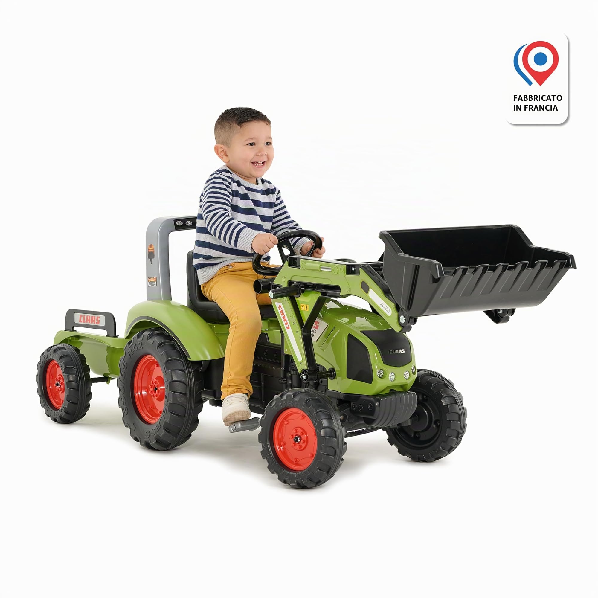 Falk 1040AM Claas Terne a Pedale con rimorchio a Partire dai 3 Anni - Prodotto in Francia - Escavatore Anteriore articolato - Sedile regolabile-1040AM, Verde, L