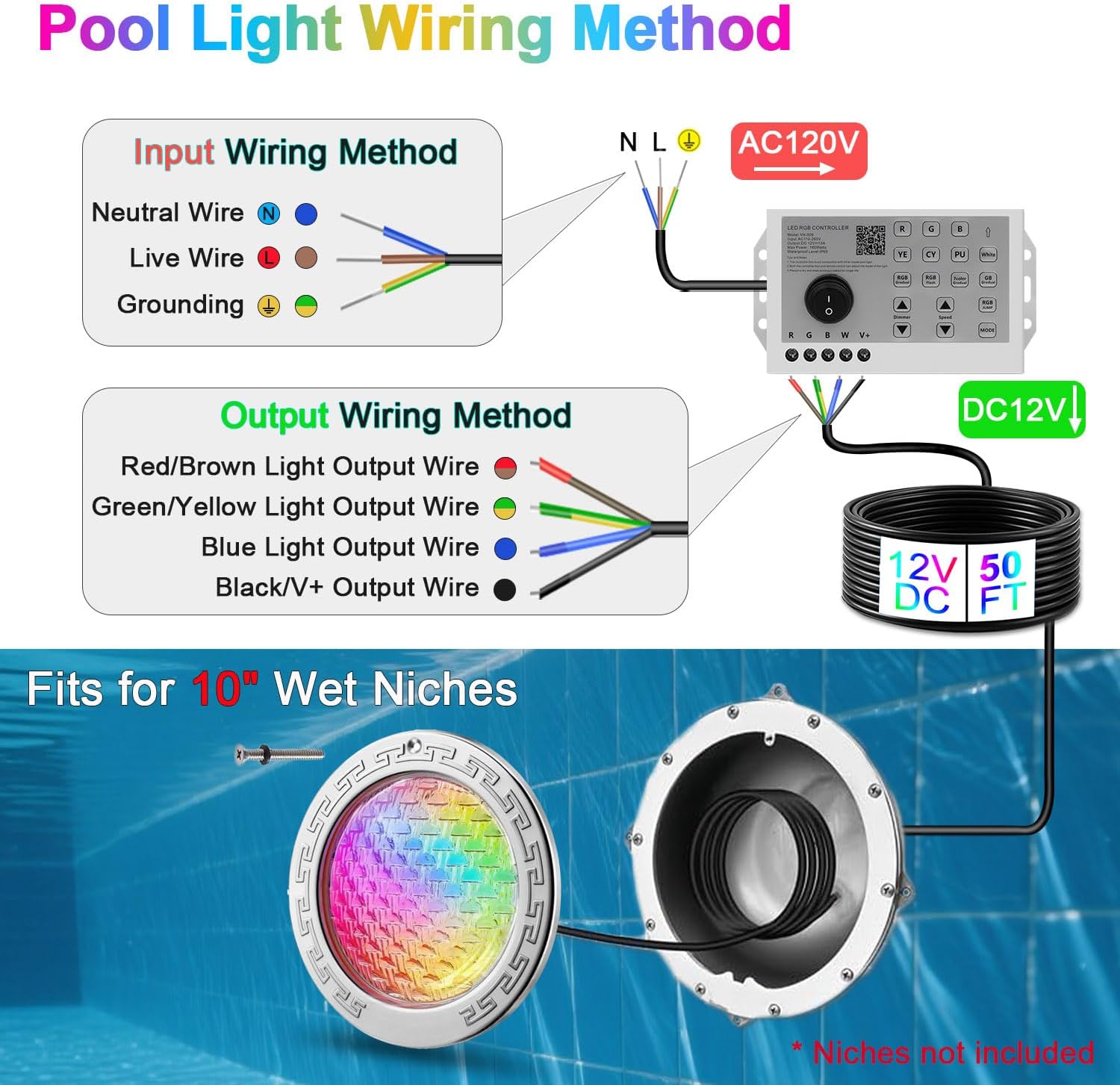 50FT 35W RGBW LED Pool Light for Inground Pools - 12V Color Changing Underwater Light with Remote Control, 50 Foot Cord, IP68 Waterproof, Compatible with 10" Wet Niche
