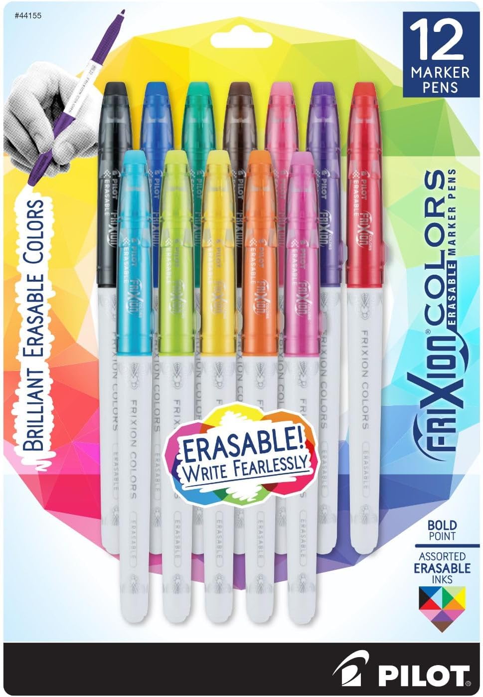 Pen 44155 FriXion Colors Erasable Marker Pens, Bold Point, Assorted Color Inks, 12-Pack