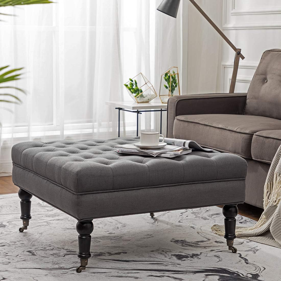 Simhoo Large Square Tufted Lined Ottoman Coffee Table with Casters,Grey Upholstery Button Footstool Cocktail with Wheels for Living Room