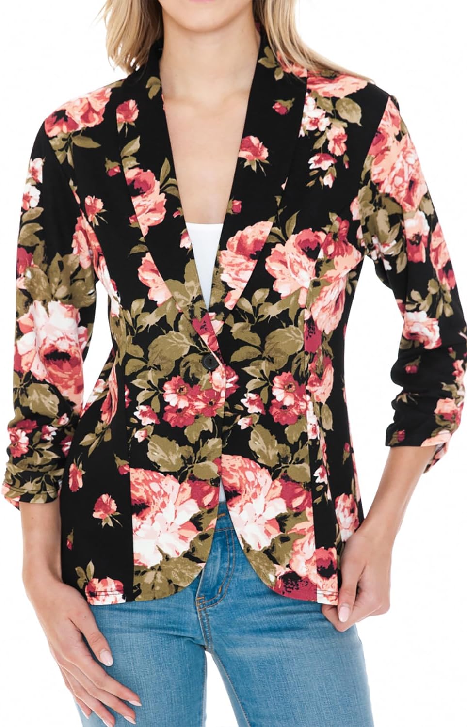 Women's 3/4 Ruched Sleeve Lightweight Work Office Blazer Jacket (S-3XL)