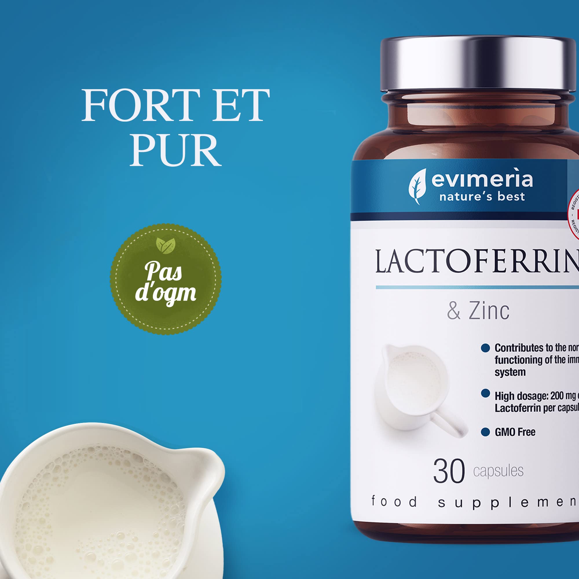 EVIMERIA Lattoferrine pure 200 mg et zinc | Contribue à renforcer le système immunitaire | Complément de défense immunitaire | Lattoferrine complémentaire | Stimule les défenses immunitaires Lot de 2