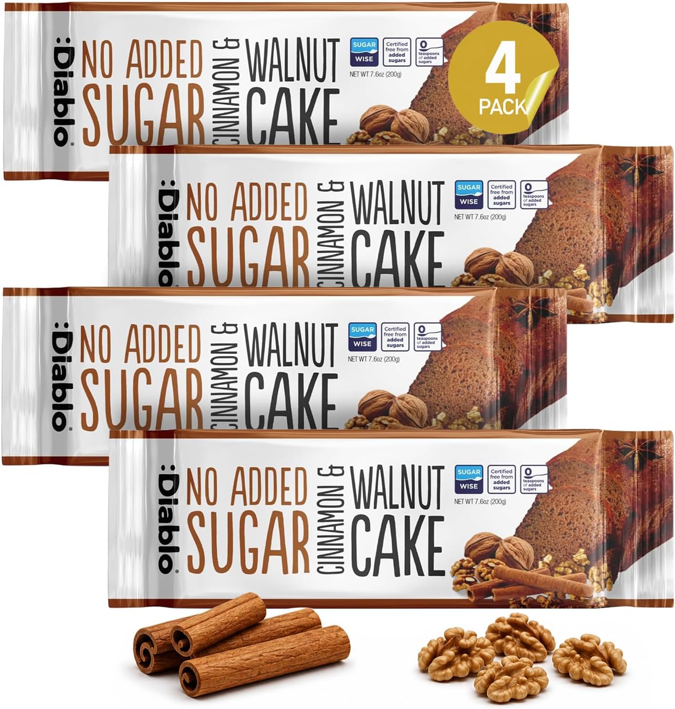 Diablo No Added Sugar Cinnamon & Walnut Cake – Healthy Snacks Sweet Treat, Cakes and Desserts for All, Ideal for Snack Time, Tea & Party Treat, Halal & Kosher Approved – 200g (Pack of 4)