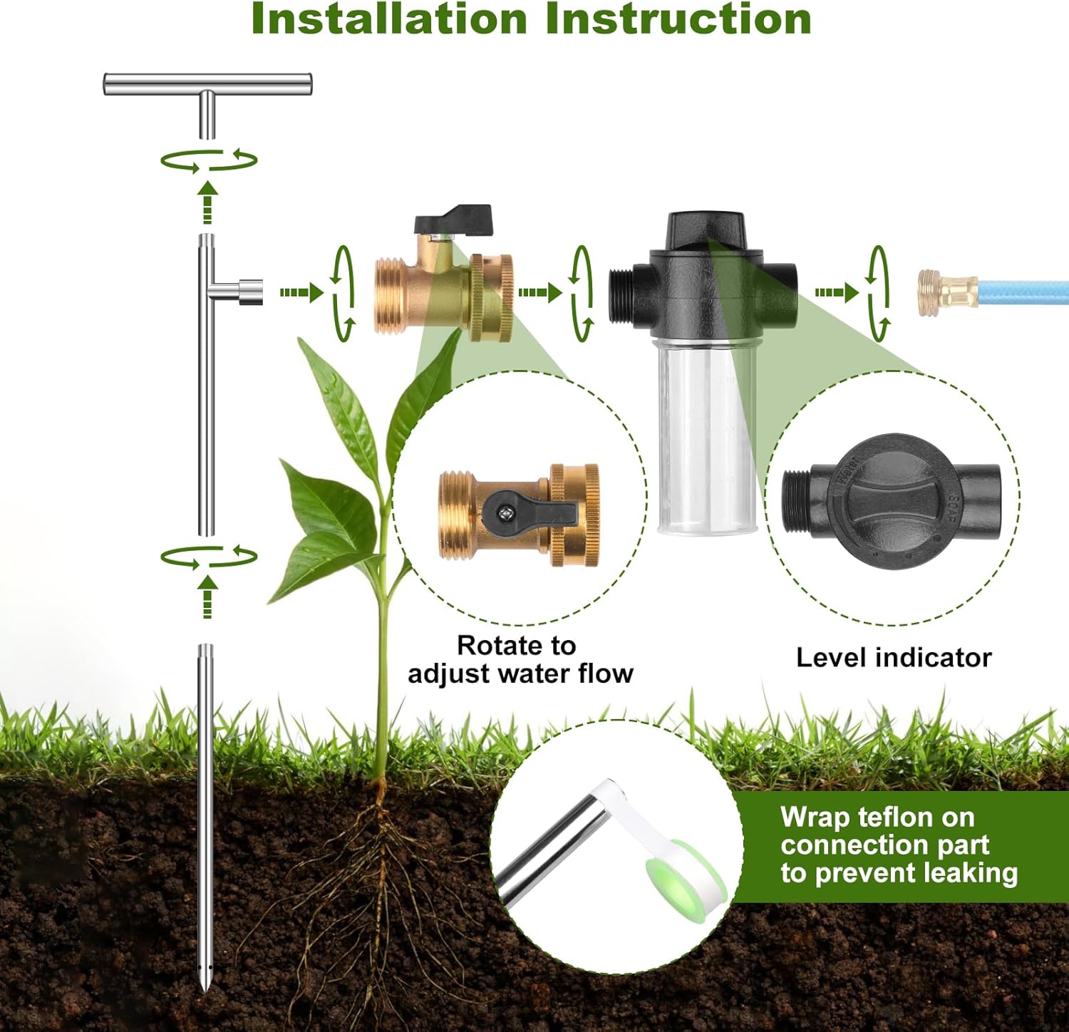 Deep Root Watering Tool for Trees & Plants, Tree Watering Spike, Stainless Steel Root Feeder with Fertilizer Bottle for Tree Watering Irrigation System with Brass Valve, T-Handle