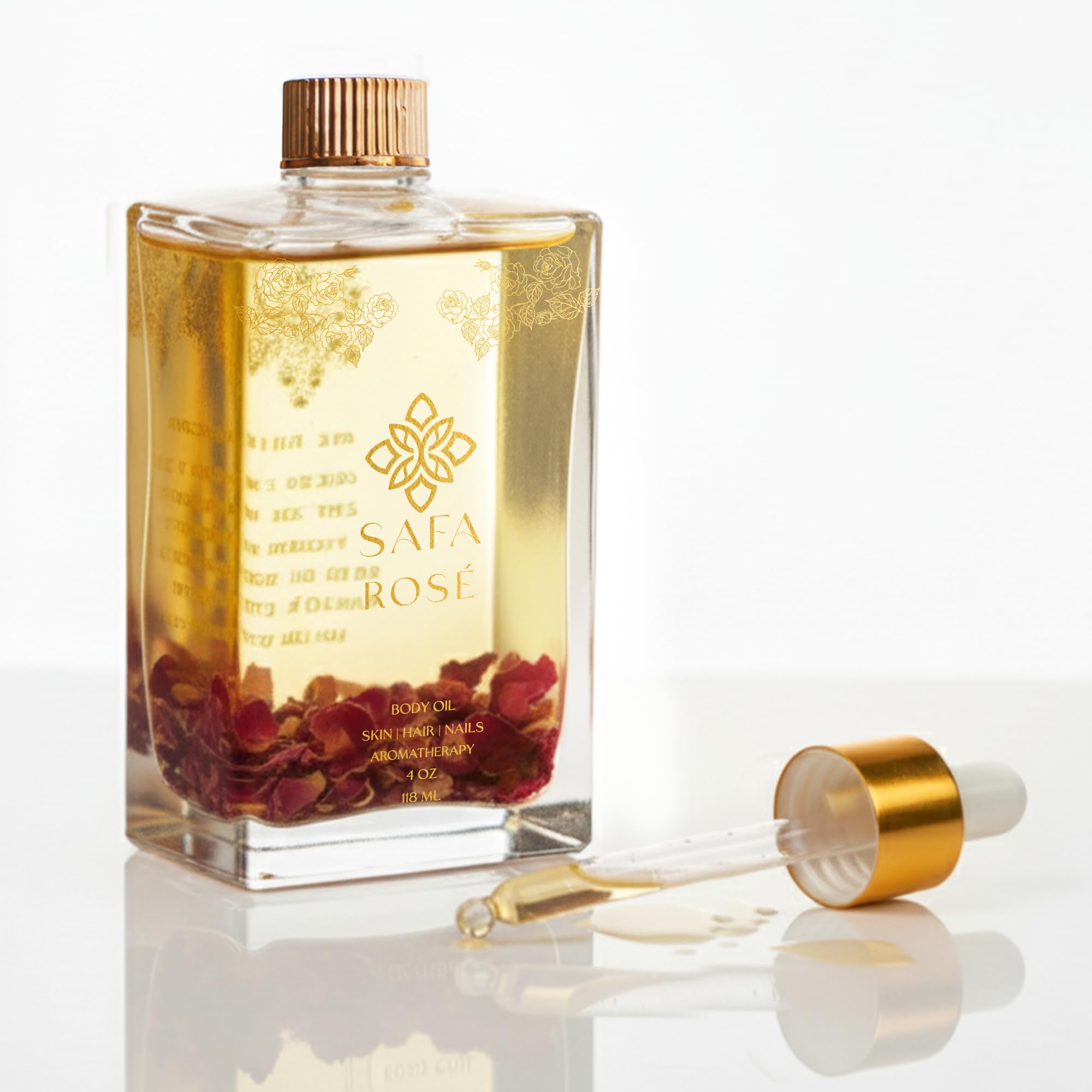 SAFA Rosé Oil - Organic Oil for Face, Body, Hair, Nails & Aromatherapy | Bulgarian Rose Essential Oil & Organic Floating Rose Petals | Moisturizer for Women & Men - 4 Fl Oz