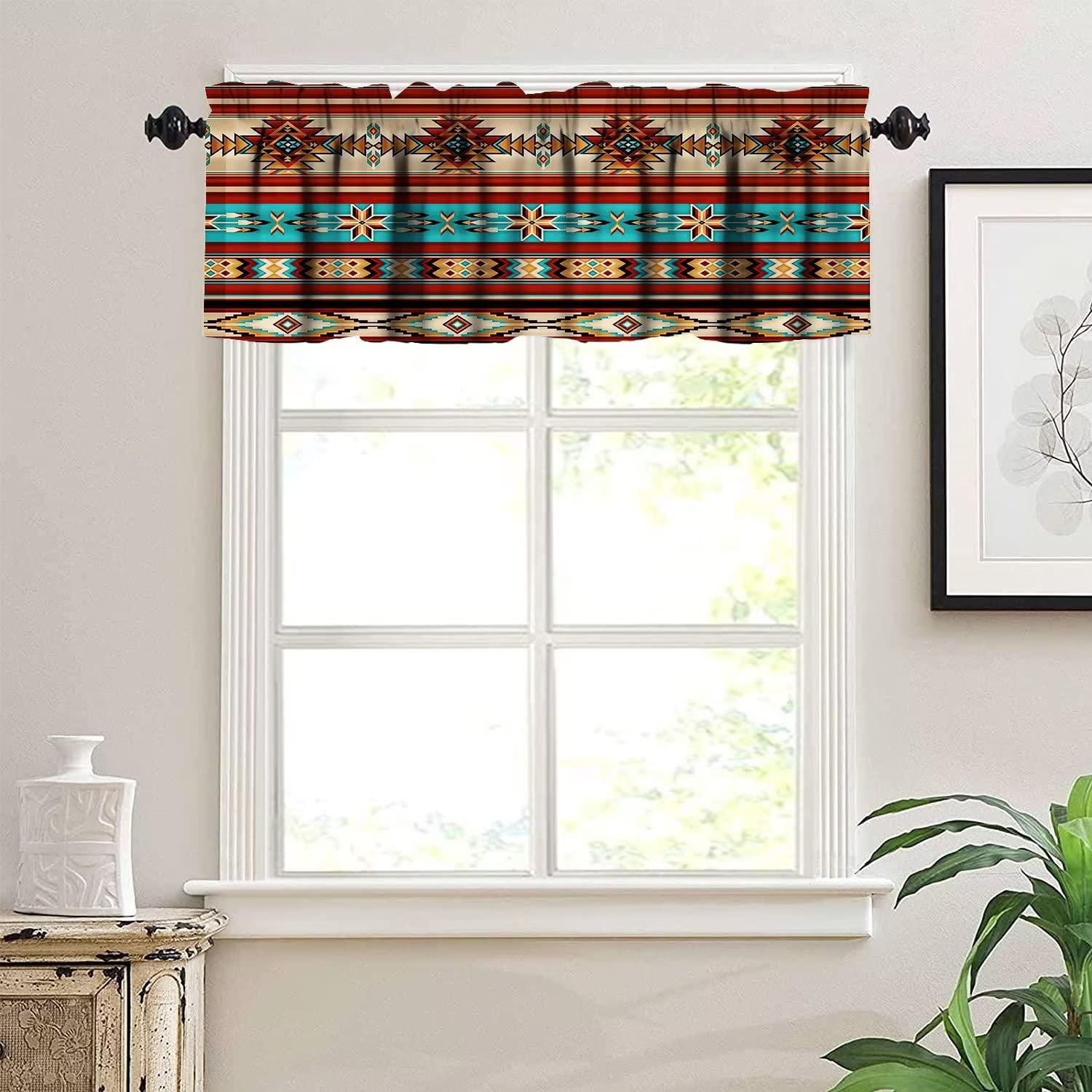 Aztec Kitchen Curtains Valance for Windows,Southwestern Native Tribal Valances for Kitchen Window,Boho Geometric Printed Short Curtains for Small Windows Cafe Living Room Bedroom 54x18 Inch 1 Panel