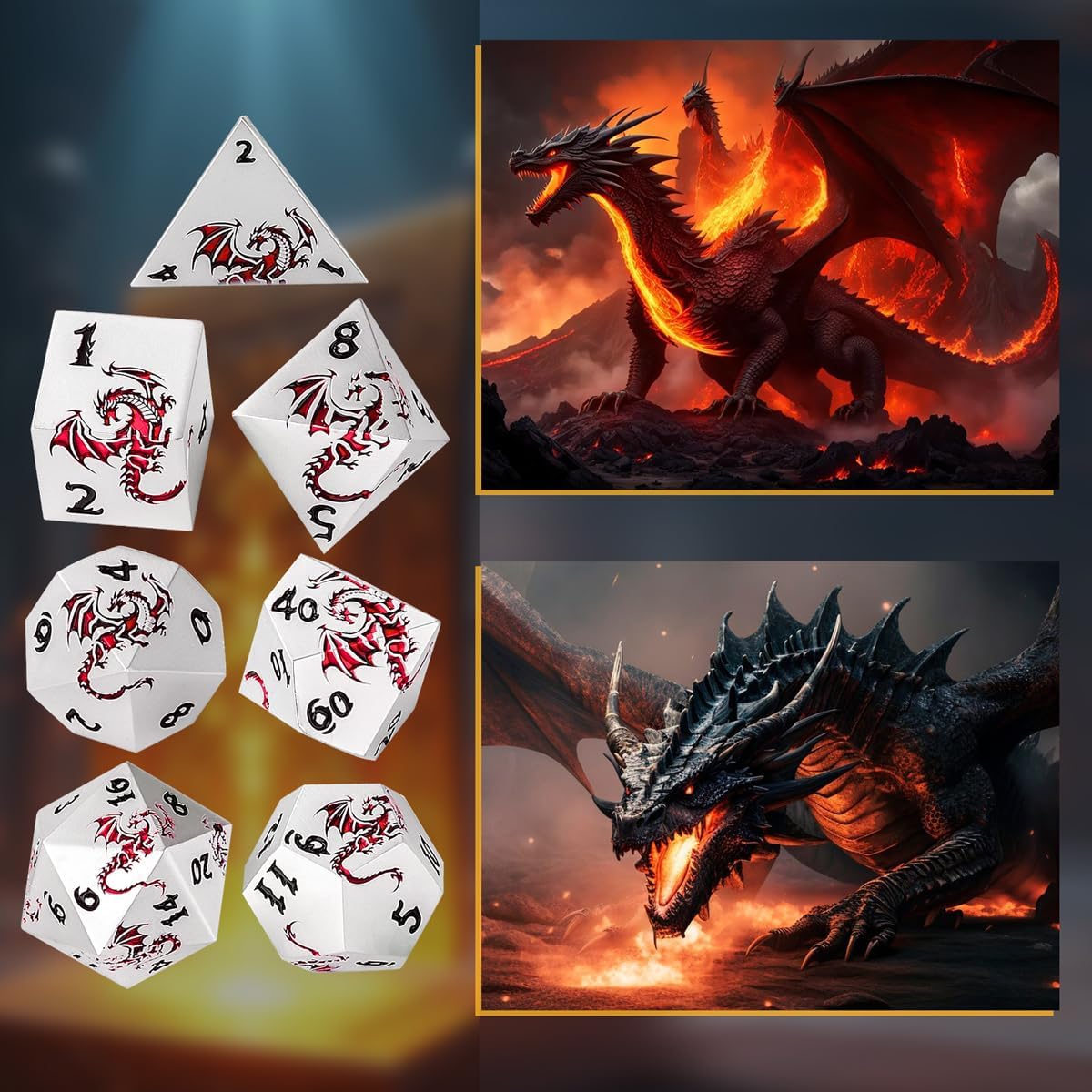 Metal DND Dice - Red Dragon Embossed Pattern, 7 Piece Polyhedral DND Dice Set, DND Starter Set, D&D Gift with Gift Bag, Role Playing Game DND Accessories, White