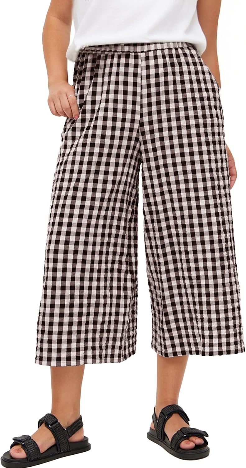Flygo Women’s Wide Leg Gingham Capri Pants Cotton Elastic Waisted Plaid Palazzo Bottoms Flowy Trousers with Pockets