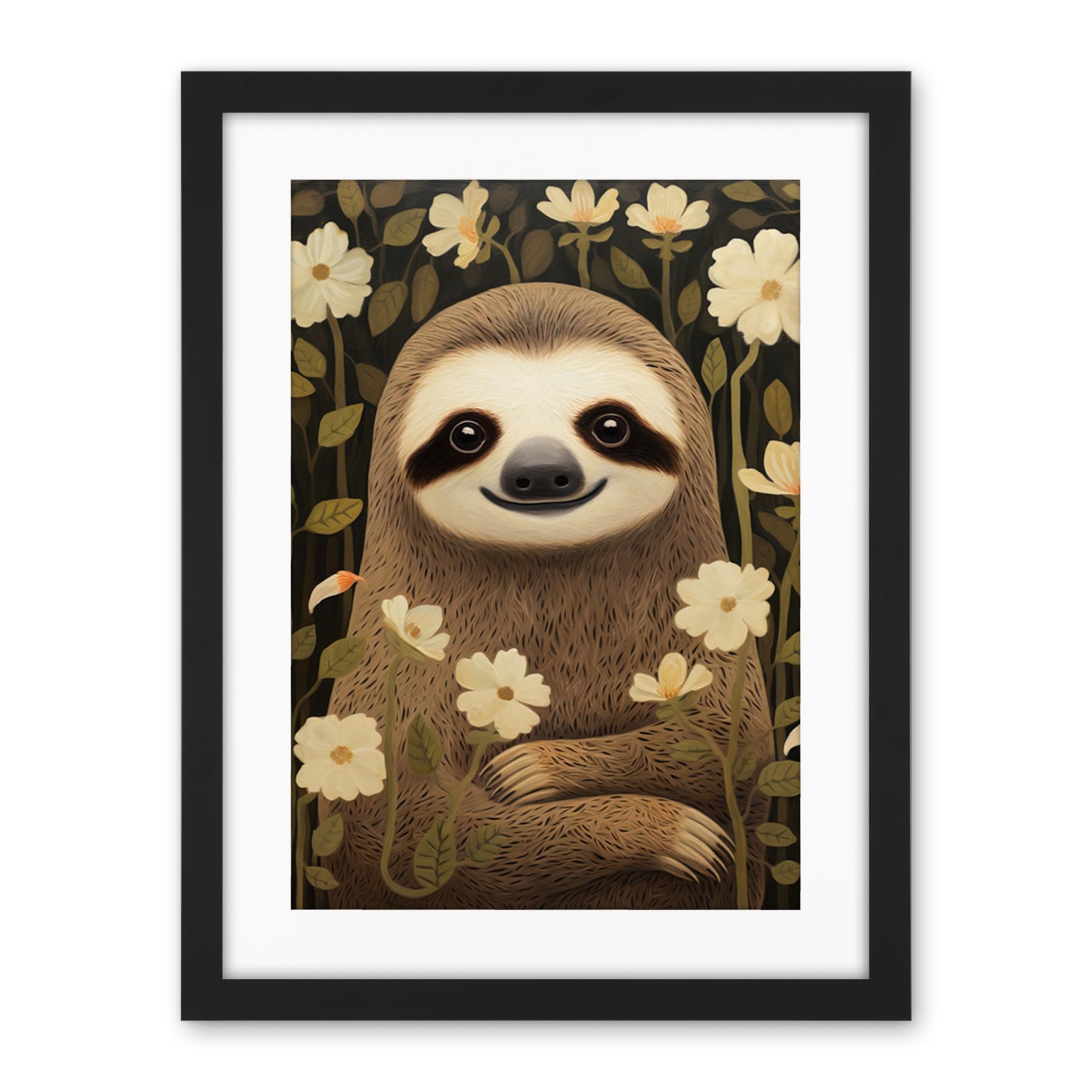 Artery8 Sloth with Jasmine and Anemone Flowers Elegant Artwork Framed Wall Art Print 18X24 Inch