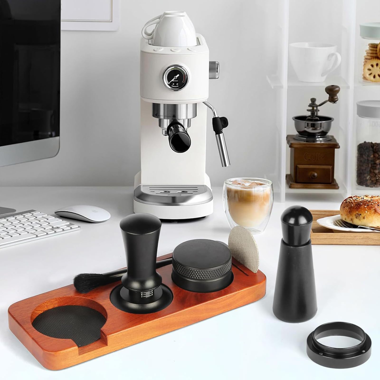 Barista Accesorios, 7 accesorios para espresso, 51 mm WDT Tool Tamper Distributor Anillo dosificador para máquinas portafiltros café Tamper Barista Set de acero inoxidable para el hogar Cafes