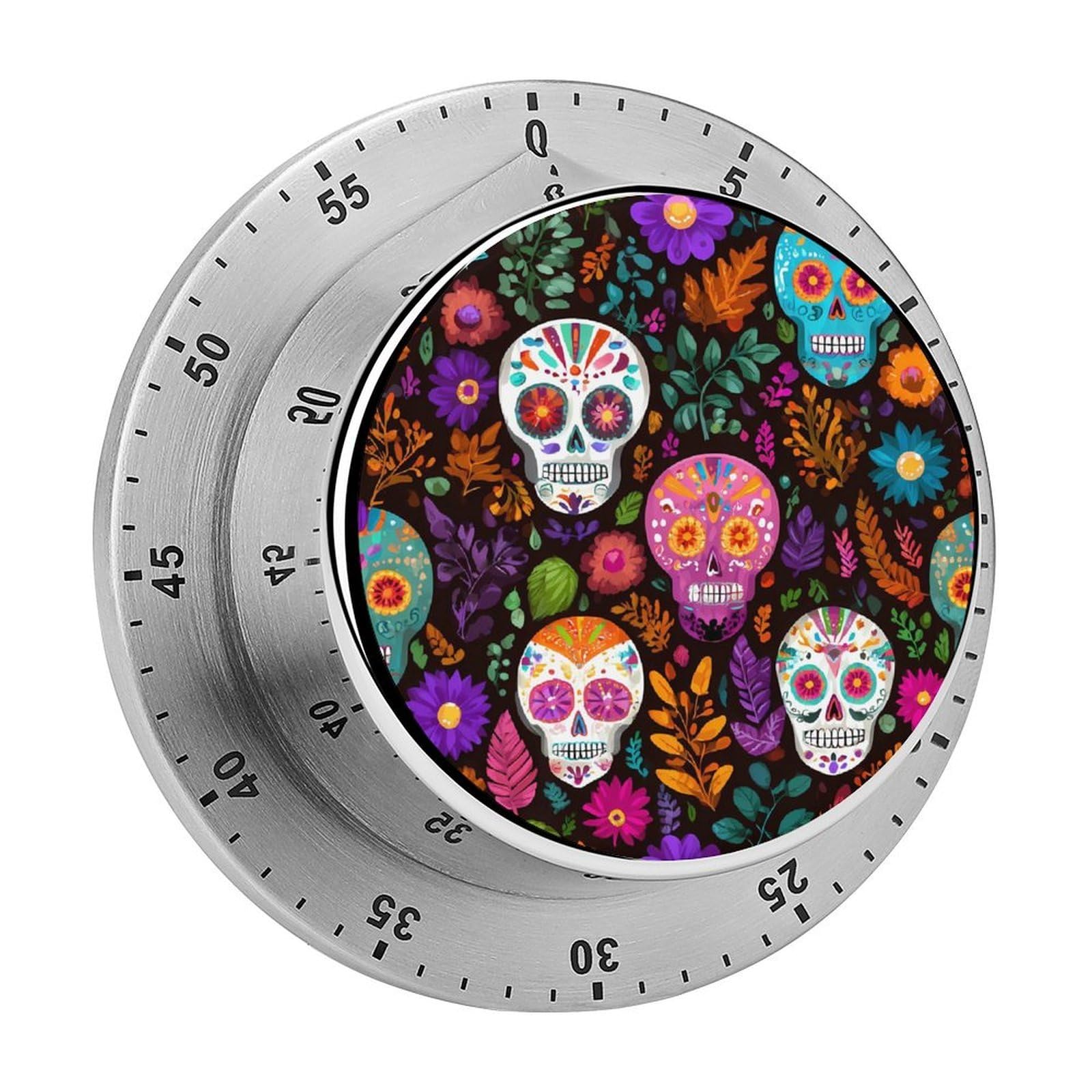 Sugar Skulls Mexican Floral Mechanical Timer with Alarm for Kitchen Cooking Productivity Stainless Steel Timers