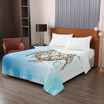 Highdi Reversible Bed Throws Quilted Bedspreads, Ocean Print Lightweight Patchwork Quilt Comforter Single Double, Cotton Throw Summer Quilt, Quilted Blanket for Seasons (Light Blue,100x150cm)