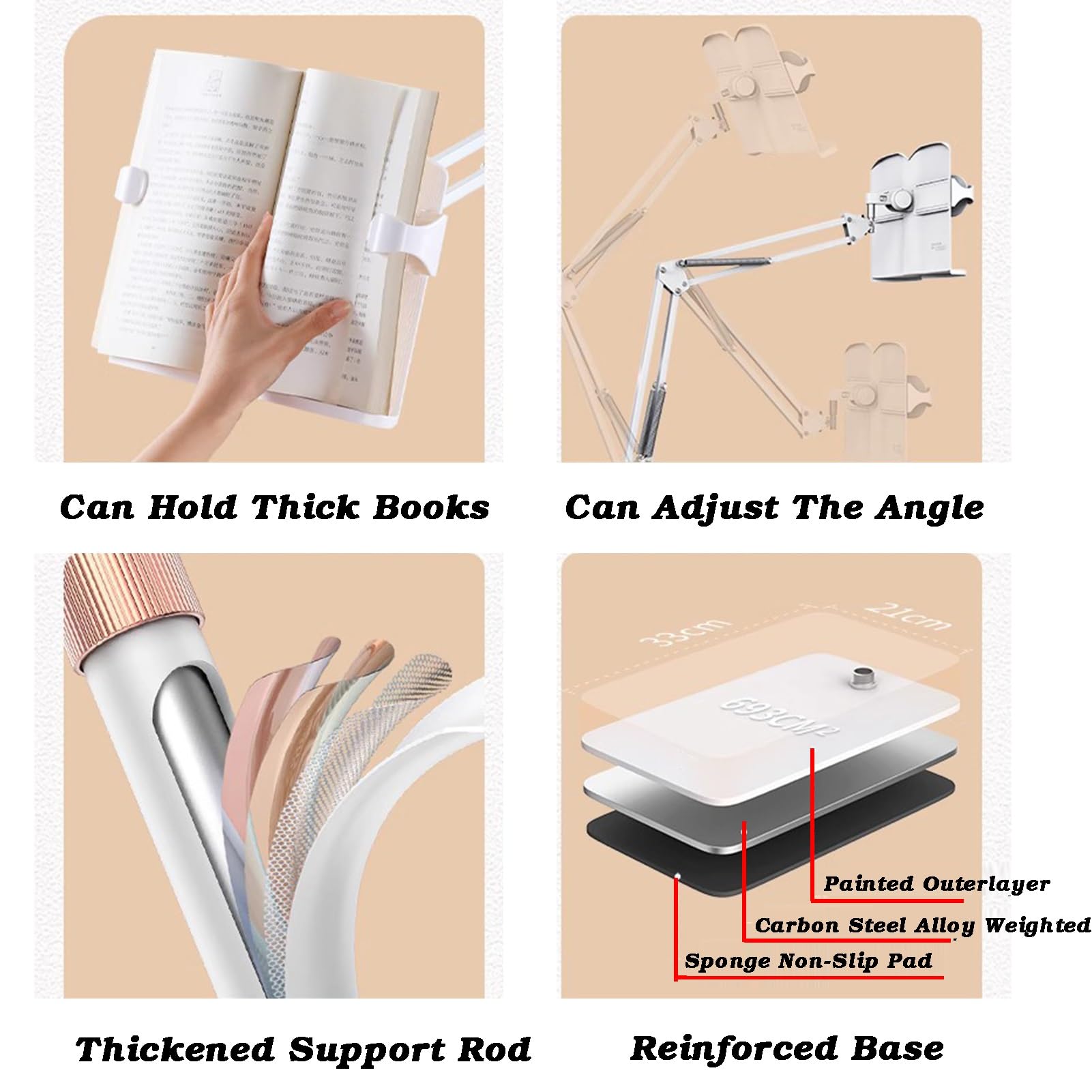 Atril De Lectura De Pie Con Clips For Páginas, Soporte For Libros Ajustable A 180°, Mesita De Noche O Sofá Con Altura Ajustable, Ideal For Suelo O Escritorio