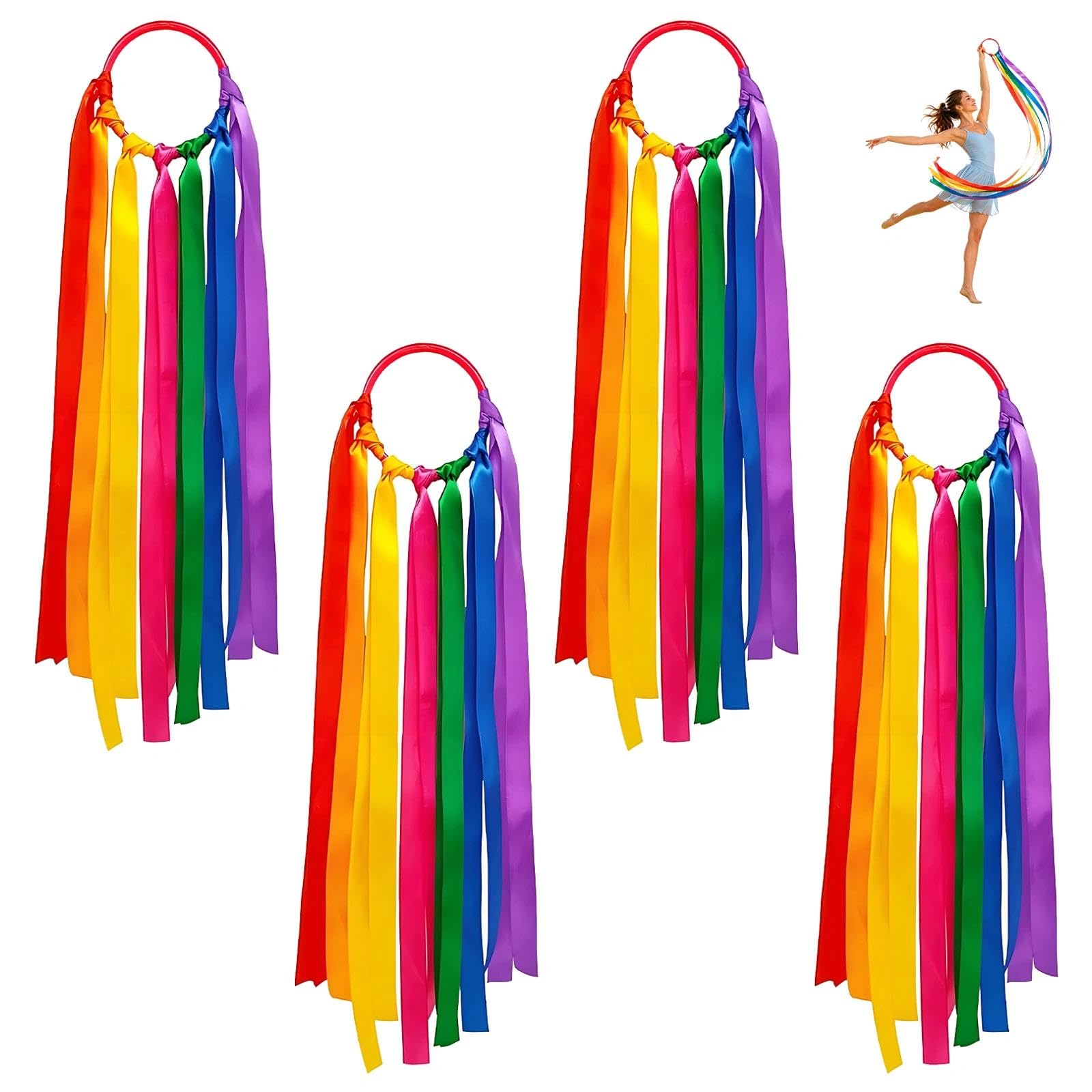 JIESHEPR 4 Pack Dance Ribbon, Rainbow Gymnastics Ribbon Wands, 45cm Rhythmic Streamers on Stick for Talent Shows, Artistic Dancing, Party Favors & Sensory Play (Multi-Color)