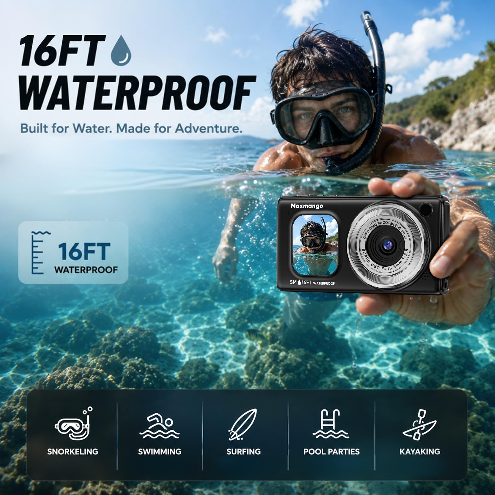 16FT Macchina Fotografica Subacquea, 4K 48MP Batteria Rimovibile 1500mAh | Maxmango D71 Fotocamera Impermeabile con Doppio Schermo, Zoom 18X, Autofocus per Snorkeling e Nuoto Surf, Nero(8GB）