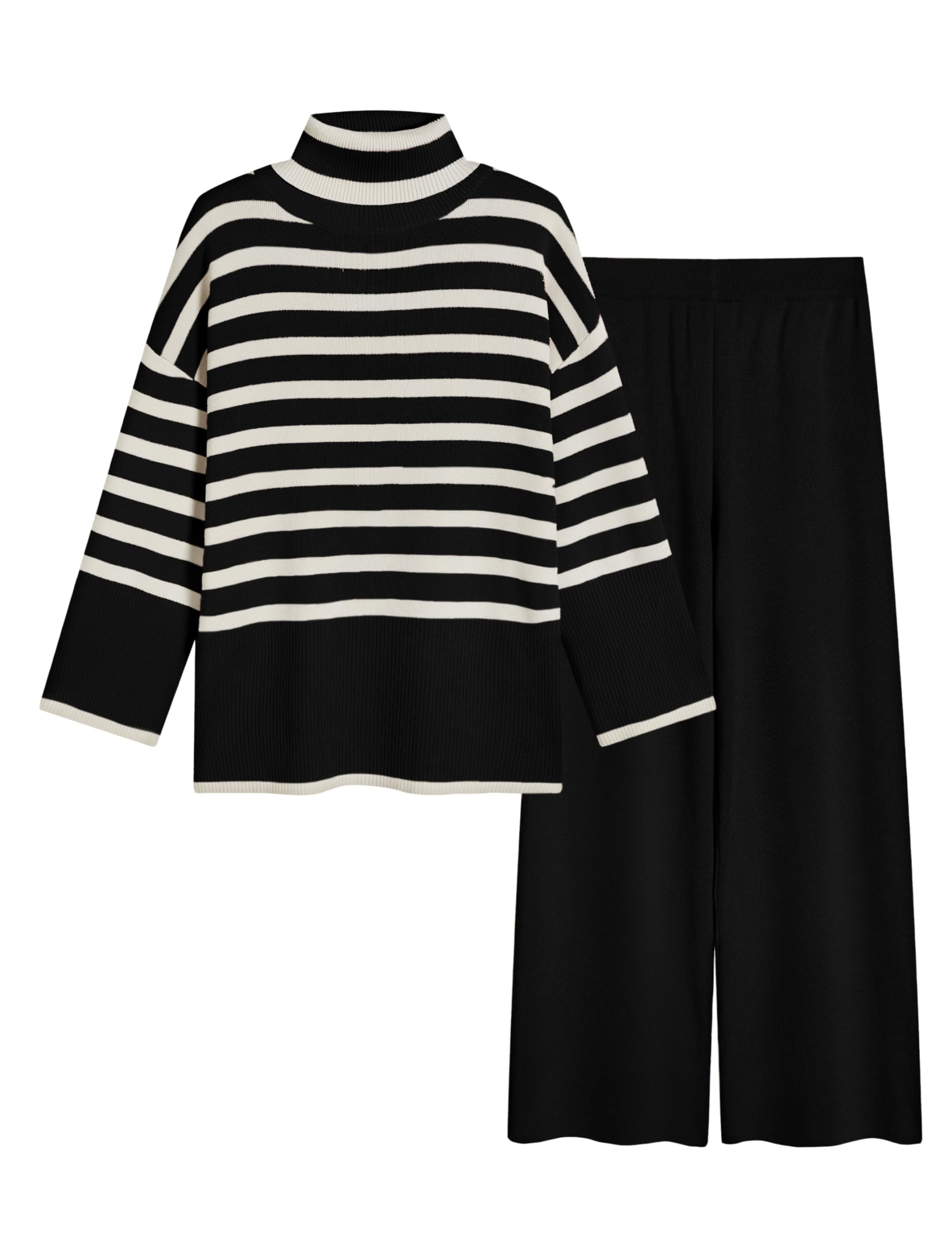 Tanming Womens Sweater Sets Long Sleeve Striped Jumper Tops Casual Knit Wide Leg Pants Sets