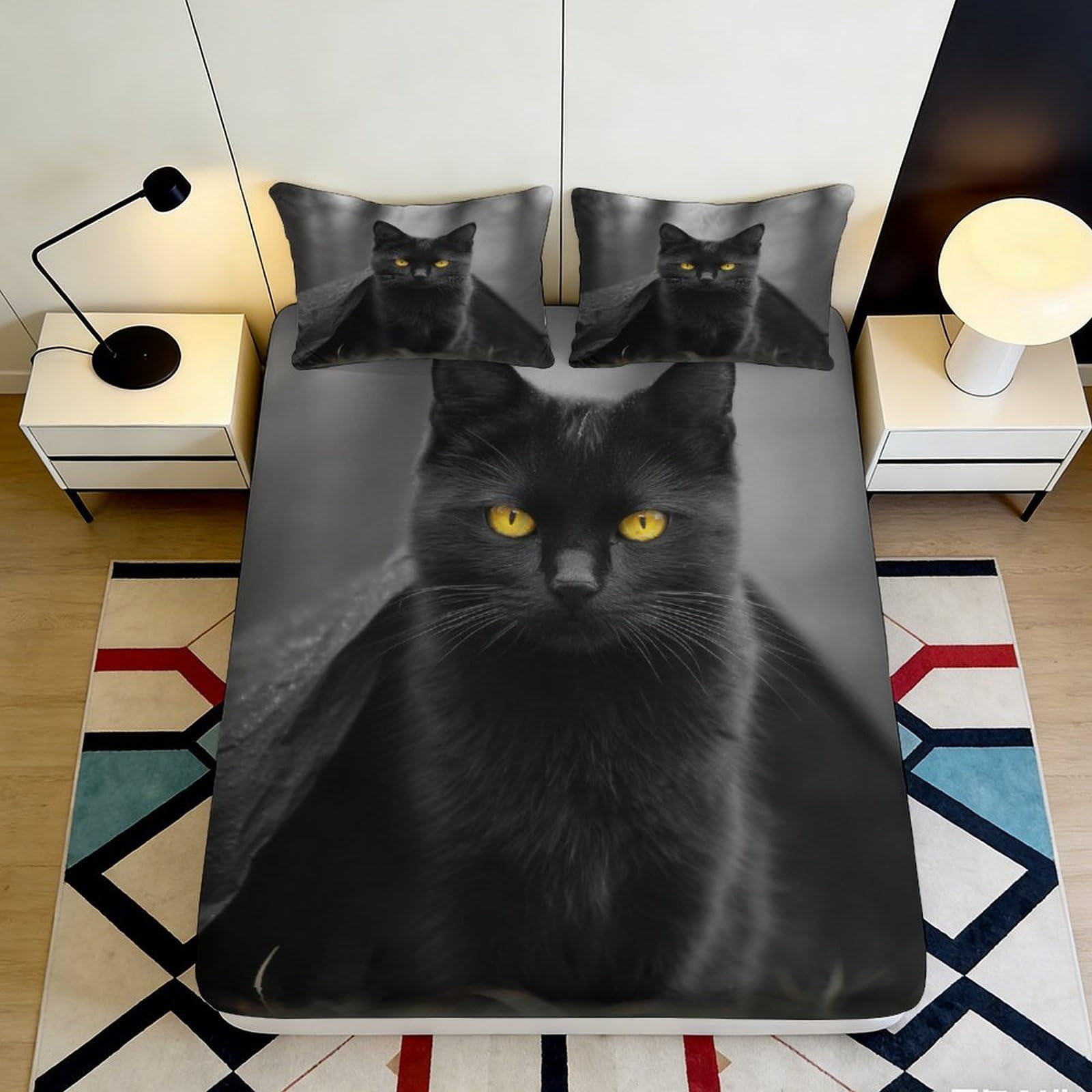 3D Printed Black Cat Fitted Sheet Microfiber Soft Breathable Yellow Eyes Bed Cover for Bedroom Dormitory Guest Room Mattress Protection Decor 160x200x25cm