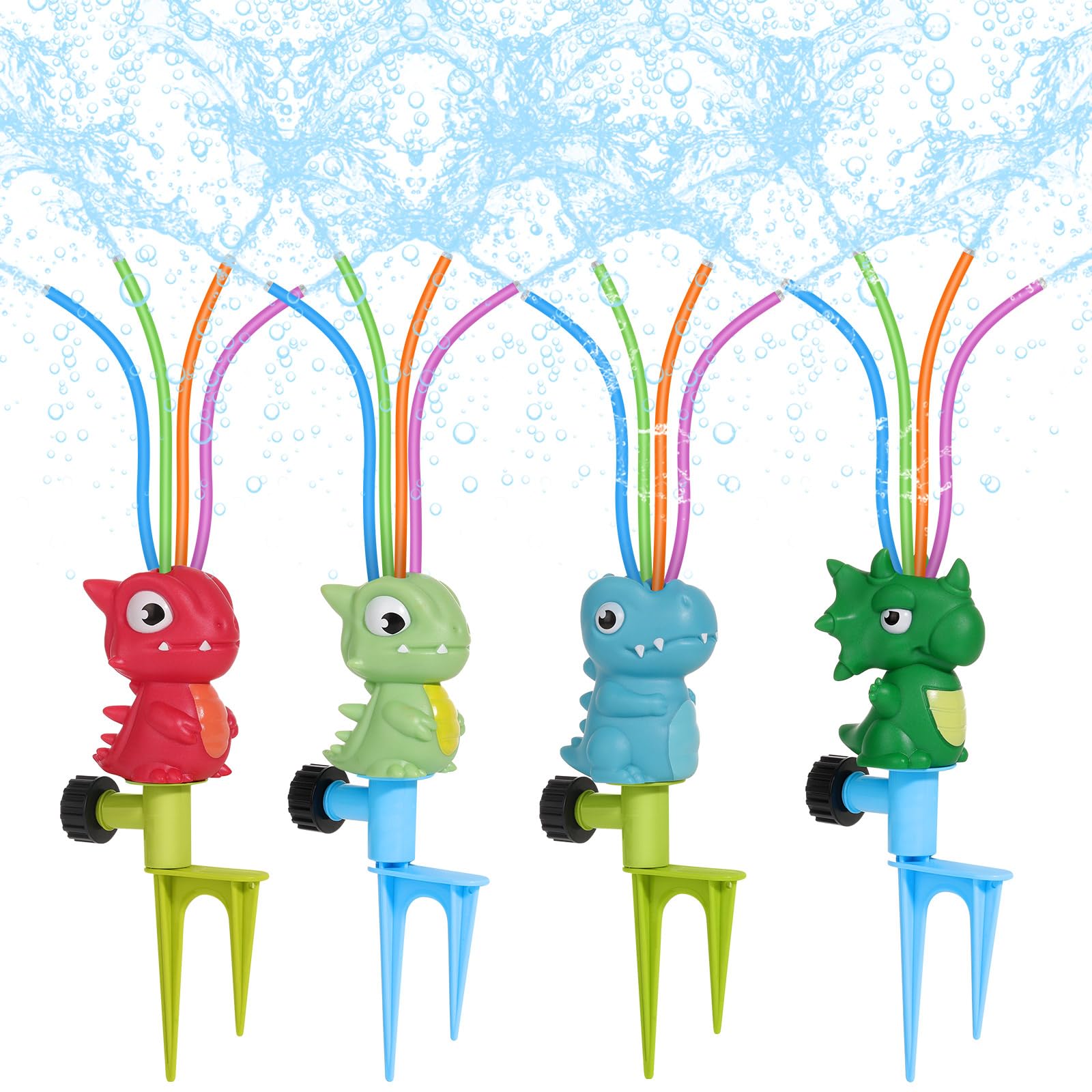 MoKo Aspersor de Agua para Niños, Lindo Juguete Acuático para Exteriores en Forma de Dinosaurios con 4 Mangueras, Juguete Aspersor de Verano para Patio, Césped, Jardín y Piscina, 4 Piezas, 4 Colores
