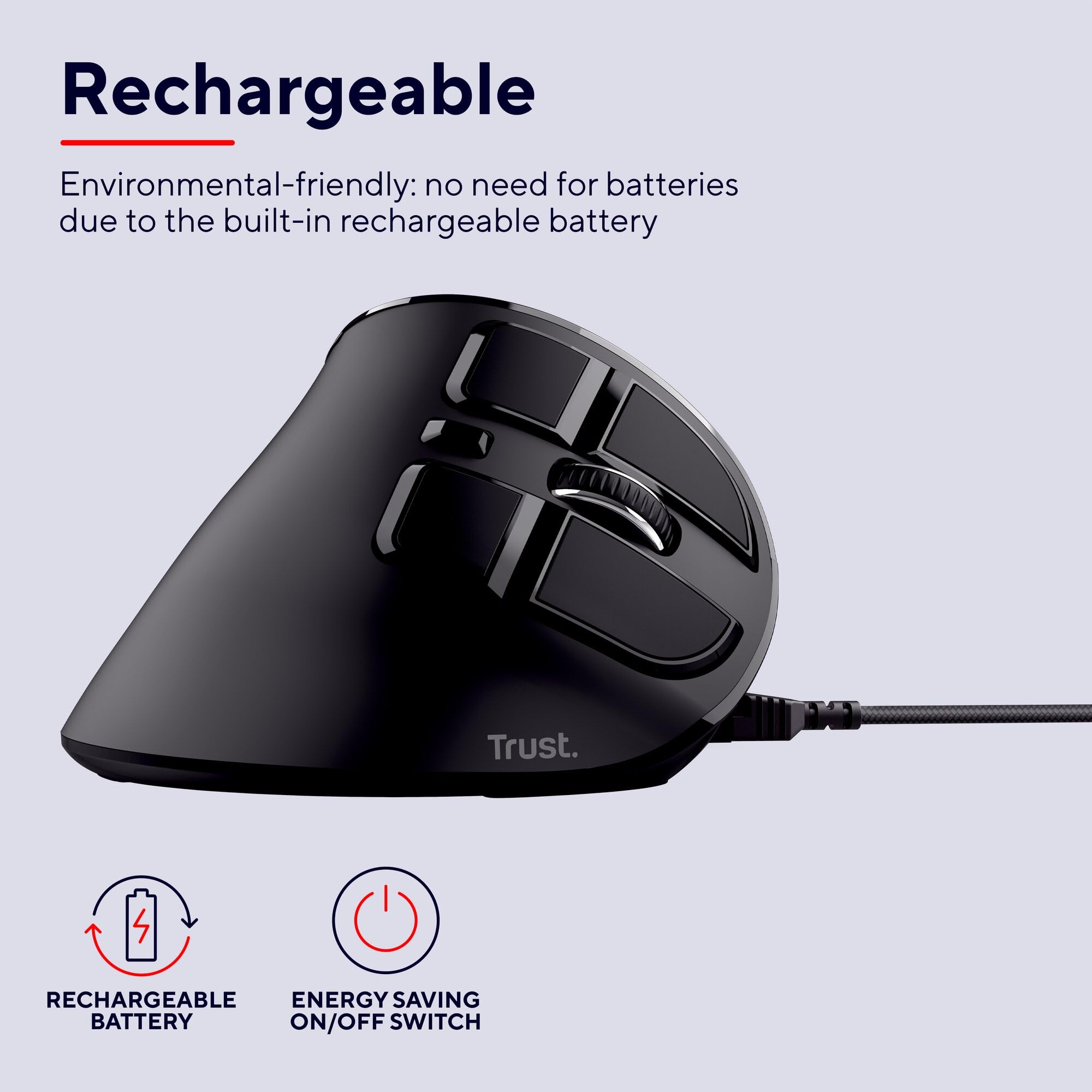 Trust Voxx Mouse Verticale Wireless Ricaricabile Bluetooth o 2.4 GHz, Mouse Ergonomico Senza Filo Programmabile, 9 Pulsanti, Display LED, 1200-2400 DPI, Mac PC Macbook Laptop Chromebook - Nero