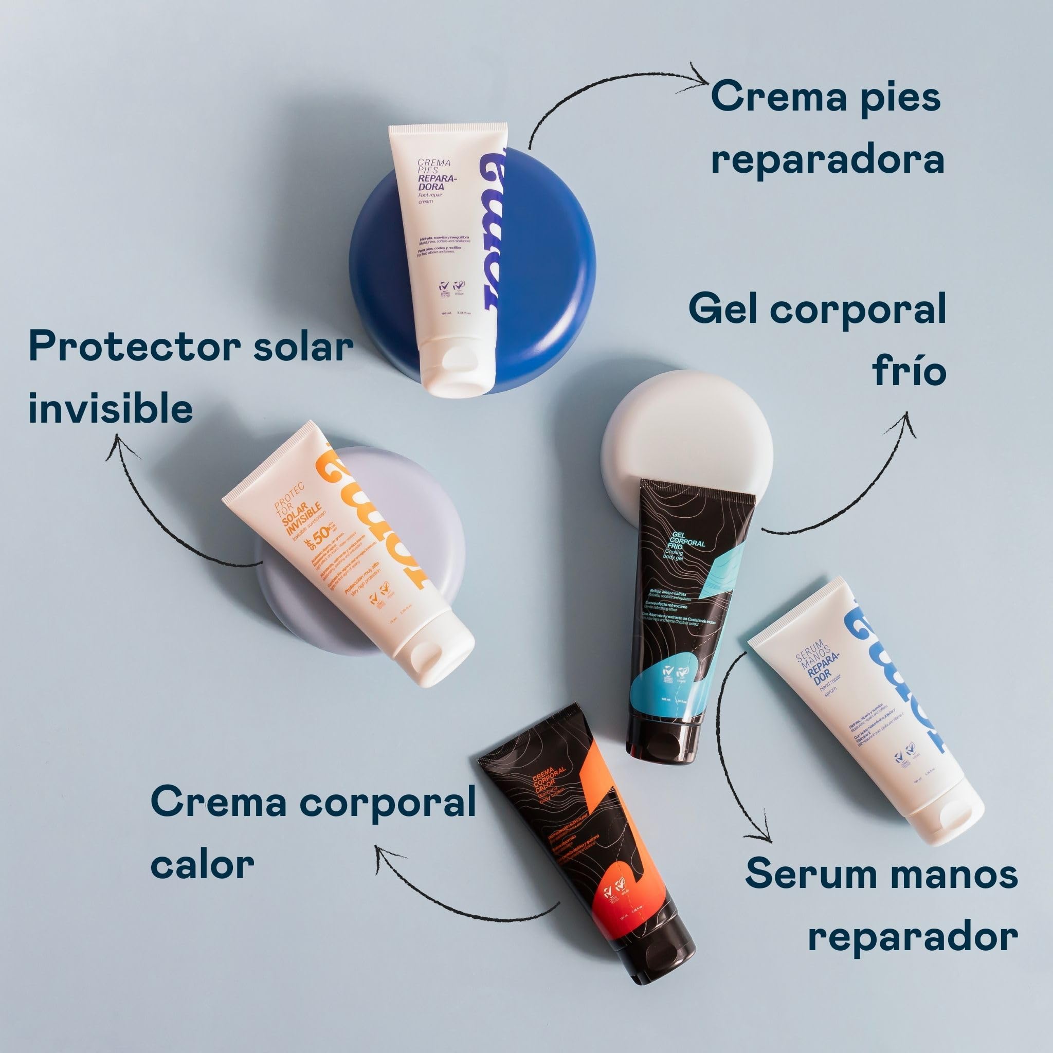 Valquer Confezione Cosmetici per Sport: Gel Effetto Freddo, Crema Effetto Calore, Crema Riparazione Piedi, Siero Riparatore Mani e Siero Viso Solare - 5 DS
