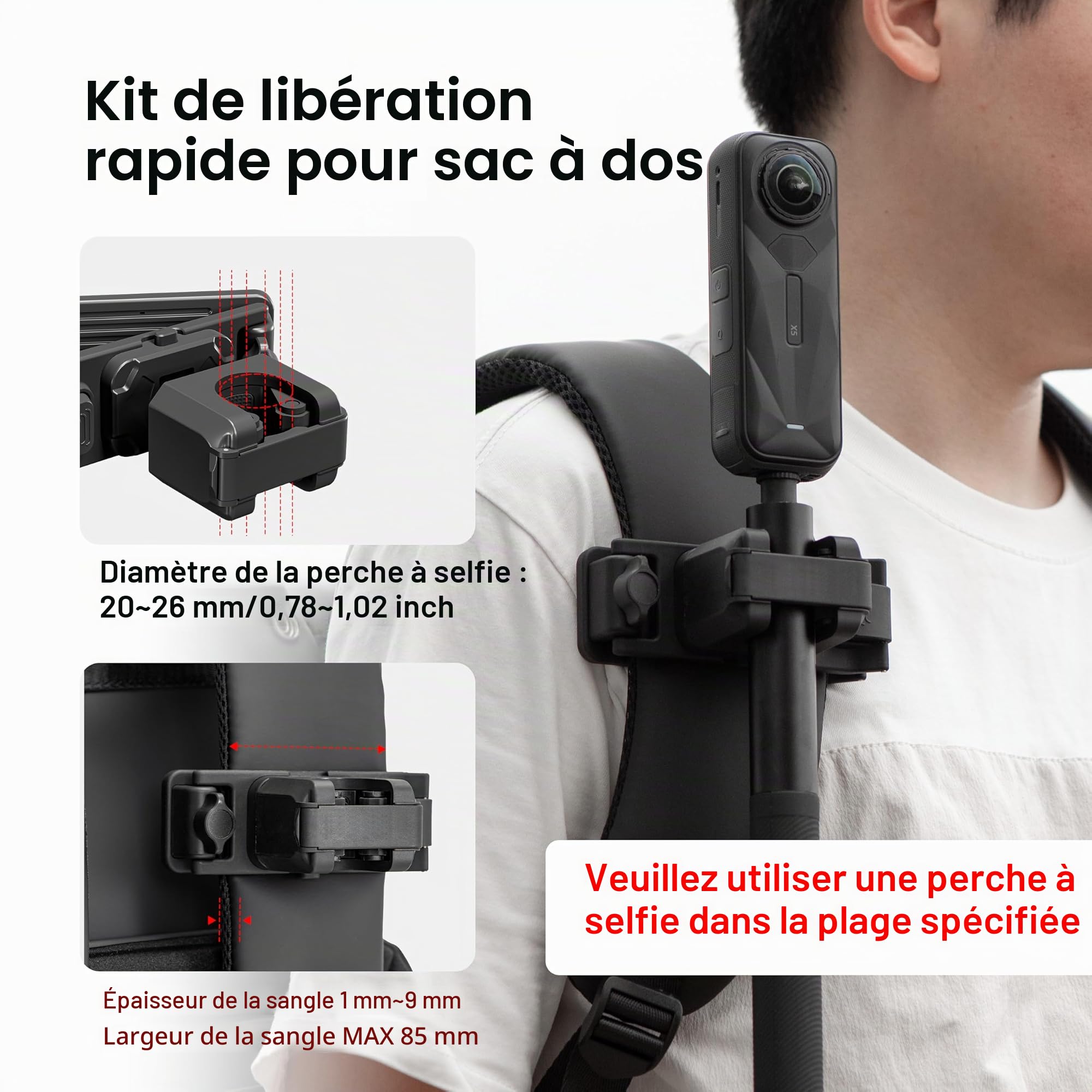 STARTRC VCR Selfie Stick Holster Sac à Dos Sangle Clip Support pour Insta 360 X5 X4 Go Ultra ACE Pro 2 Réglable Quick Release pour Pro Hero 13 12 Max 2 pour DJI Osmo Nano Action 5 Accessoires