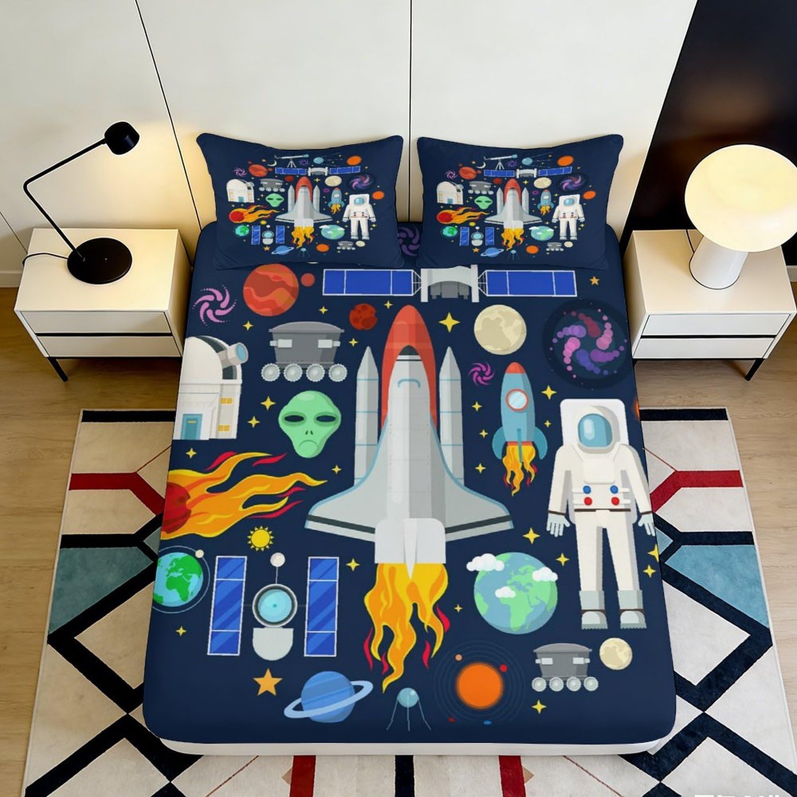 Space rocket design Fitted Sheet for bedroom, 3D Printed, Microfiber soft touch, easy care, guest room bedding, wrinkle resistant 160x200x25cm