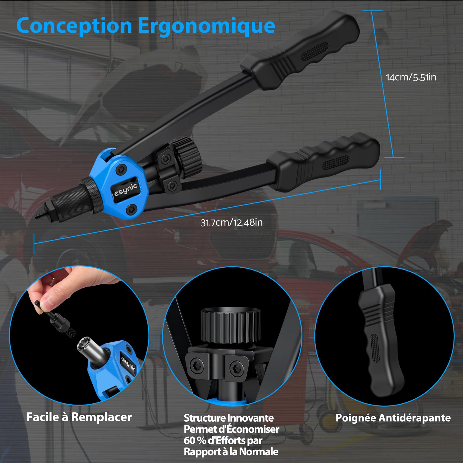 eSynic 13" Pistolet à Rivets Professionnel avec 100 Écrous Interchangeables M3 M4 M5 M6 M8 M10 M12 Pince à Rivet Insert avec Étui de Transport | Avec Étui de Transport, M3 M4 M5 M6 M8 M10 M12, Poignée Ergonomique, Bras en Acier au Carbone, Économie d'Effo